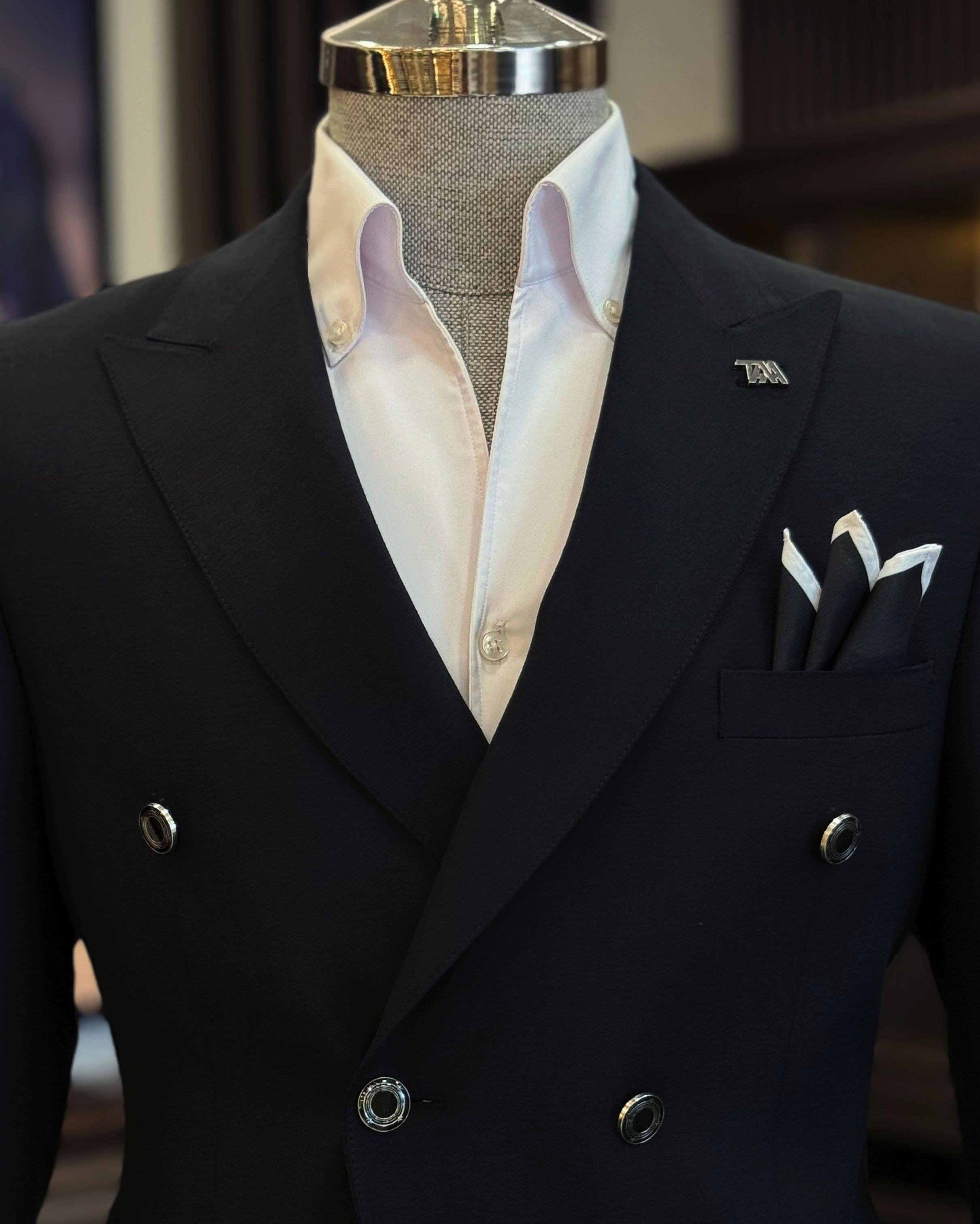 İtalyan stil erkek slim fit kırlangıç yaka keten karışımlı kruvaze ceket siyah T11994