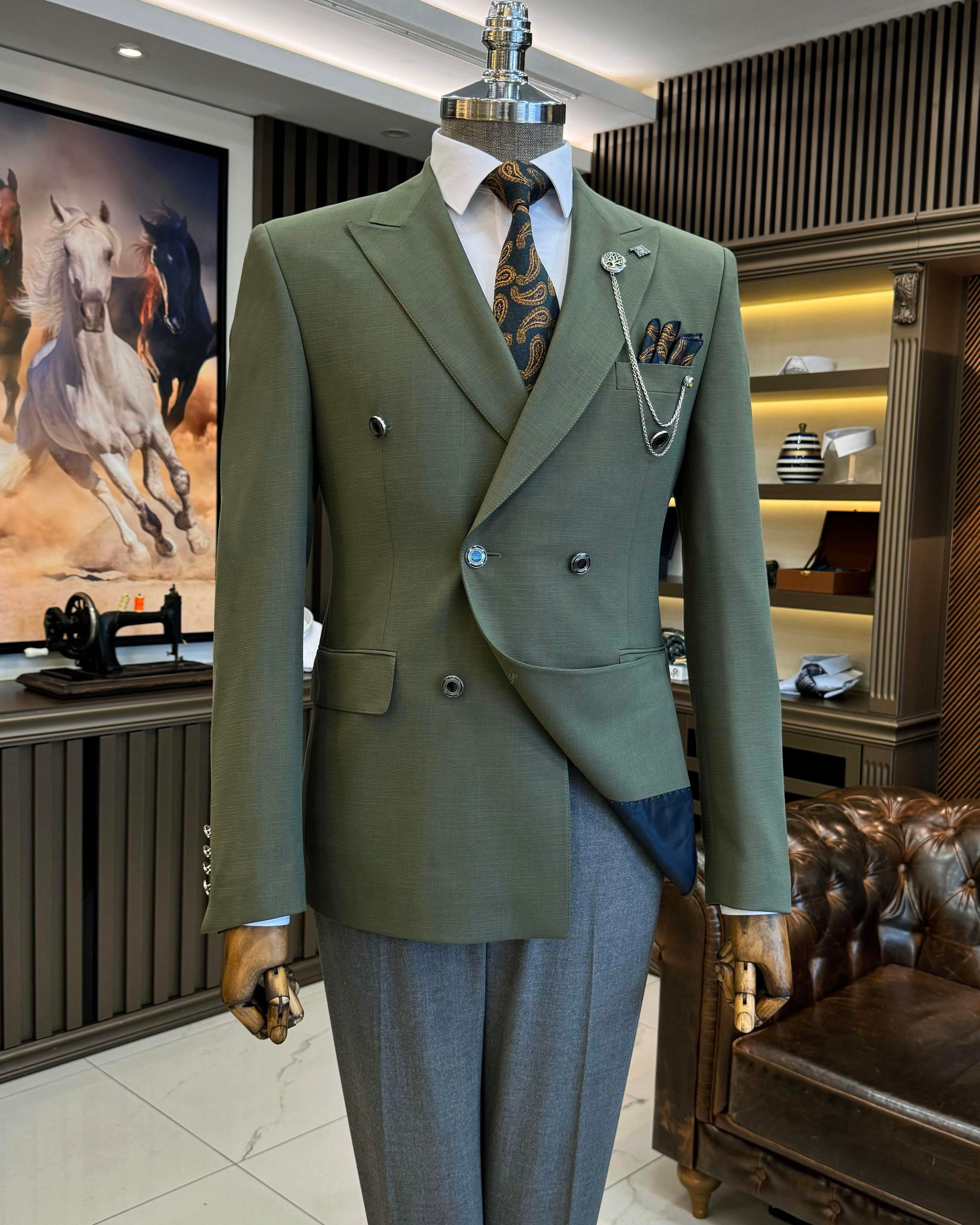 İtalyan stil erkek slim fit kırlangıç yaka keten karışımlı kruvaze ceket yeşil T11983