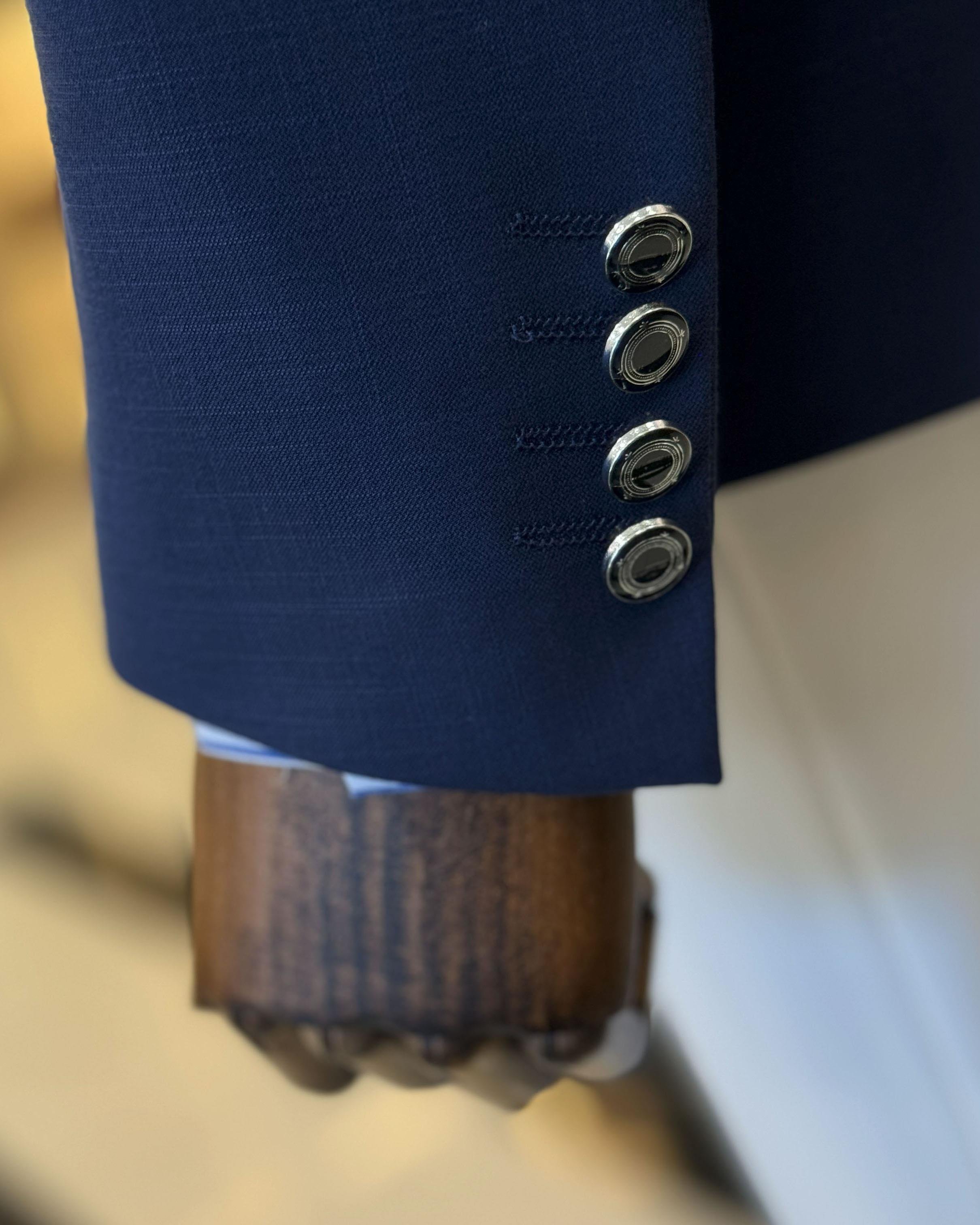 İtalyan stil erkek slim fit kırlangıç yaka keten karışımlı kruvaze ceket lacivert T11995