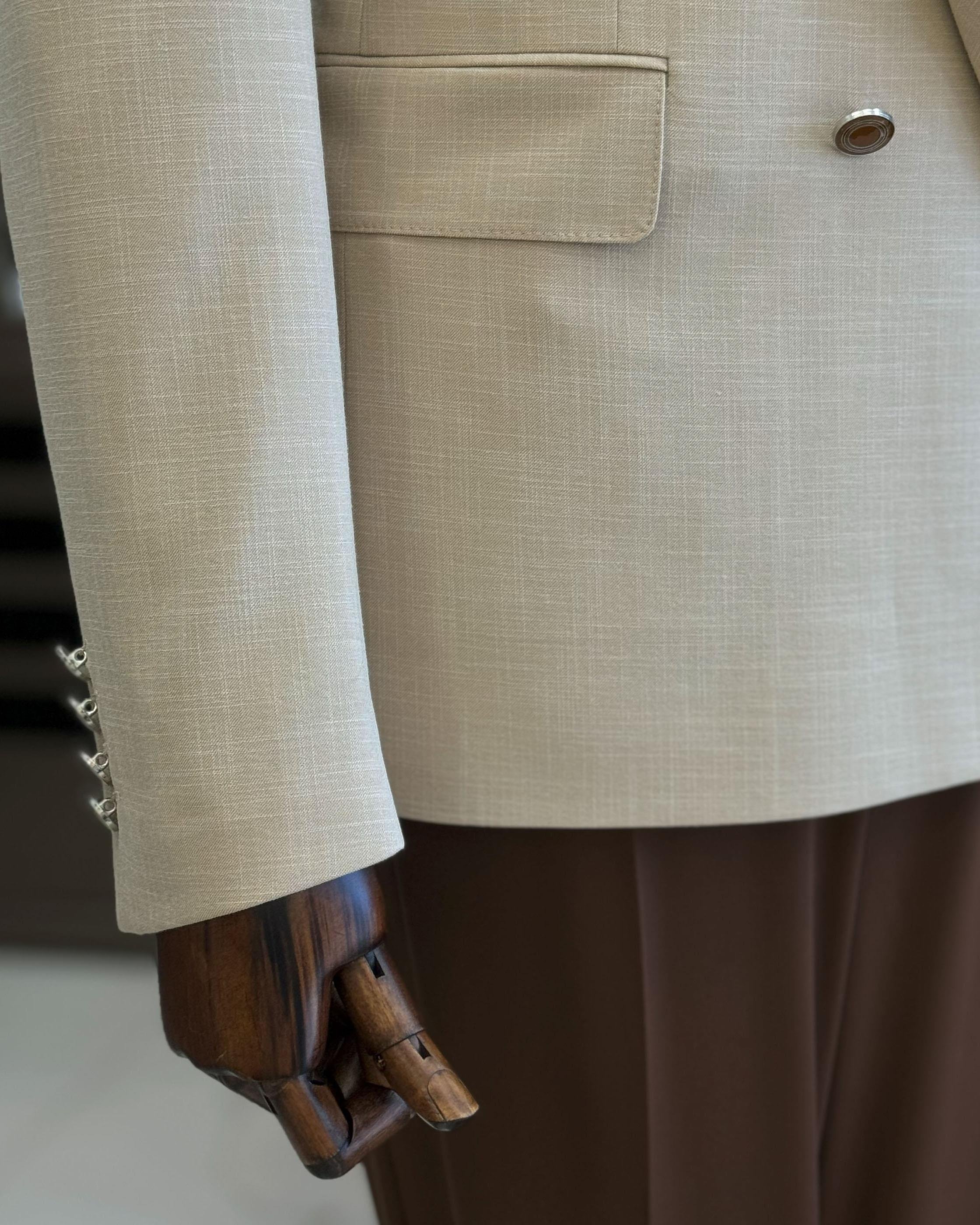 İtalyan stil erkek slim fit kırlangıç yaka keten karışımlı kruvaze ceket bej T11986