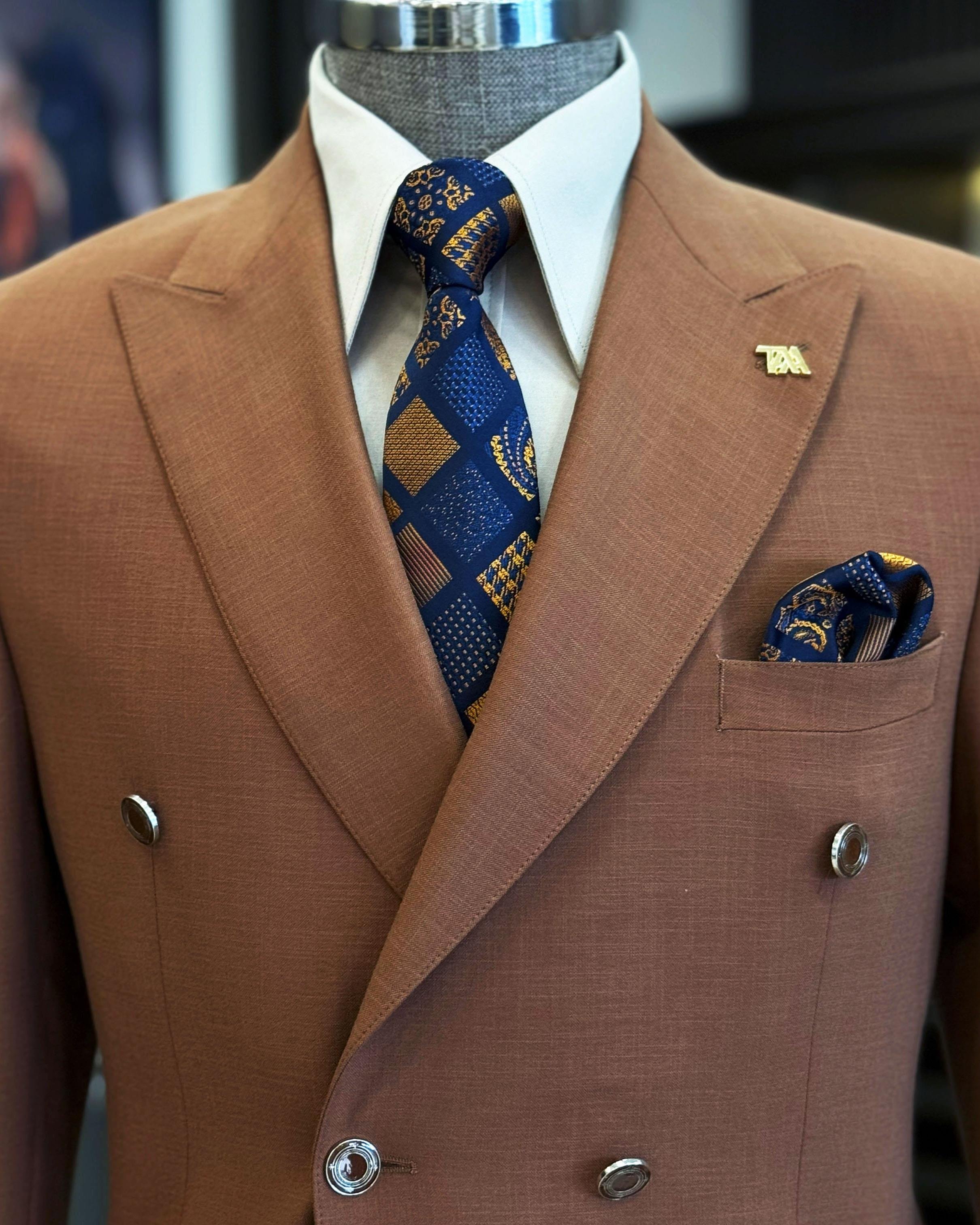 İtalyan stil erkek slim fit kırlangıç yaka keten karışımlı kruvaze ceket kiremit T11984