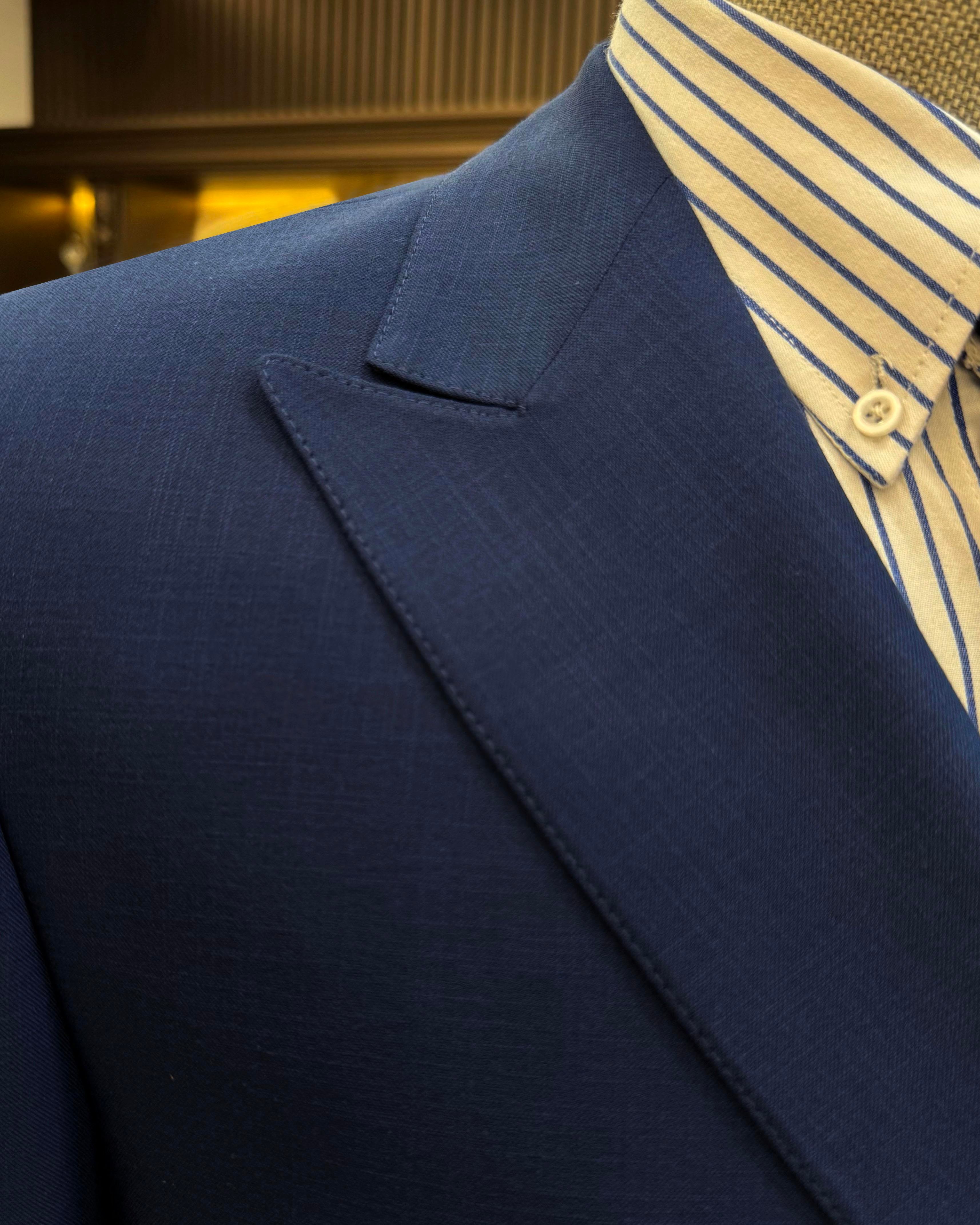 İtalyan stil erkek slim fit kırlangıç yaka keten karışımlı kruvaze ceket lacivert T11995