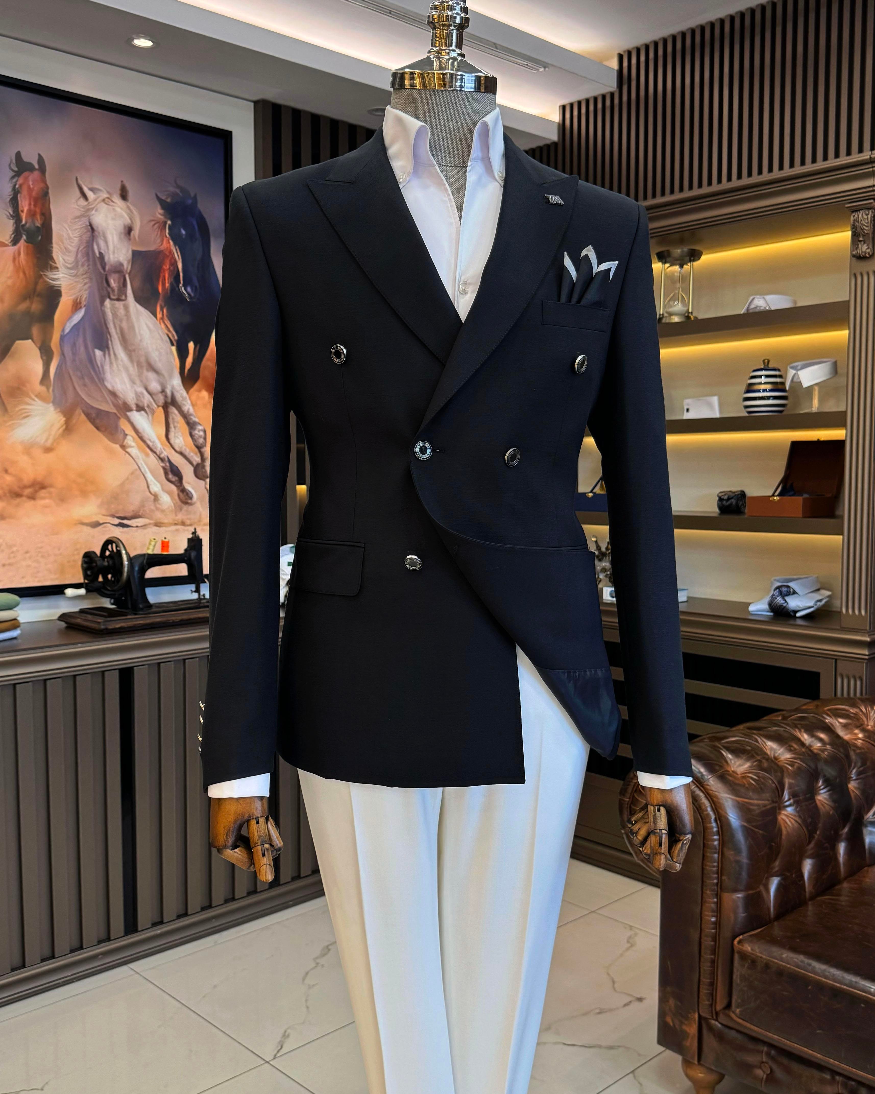İtalyan stil erkek slim fit kırlangıç yaka keten karışımlı kruvaze ceket siyah T11994