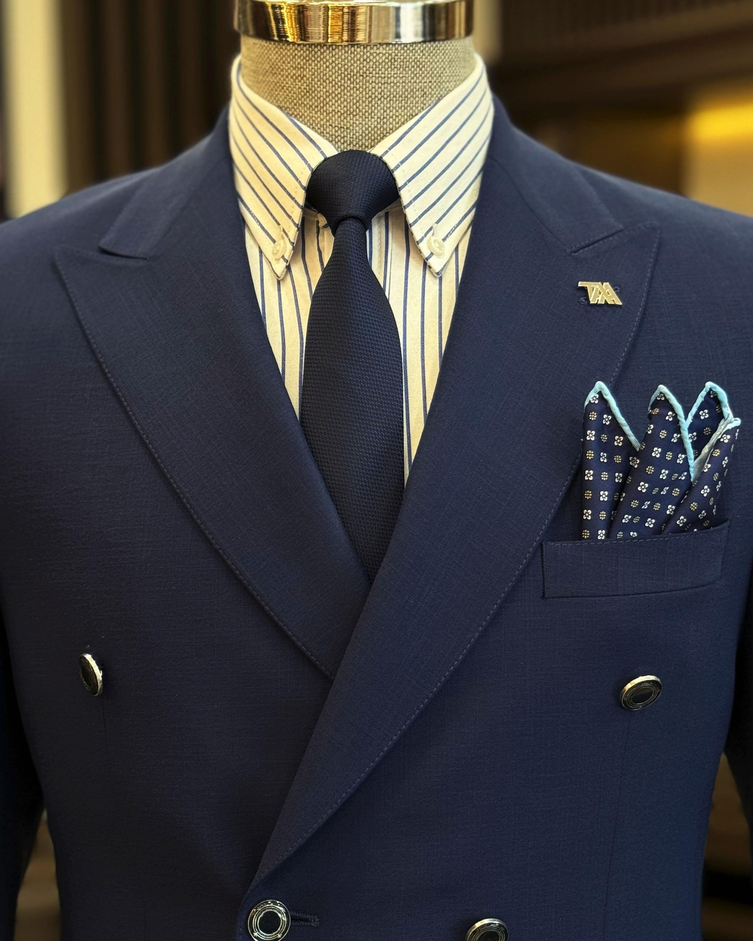 İtalyan stil erkek slim fit kırlangıç yaka keten karışımlı kruvaze ceket lacivert T11995