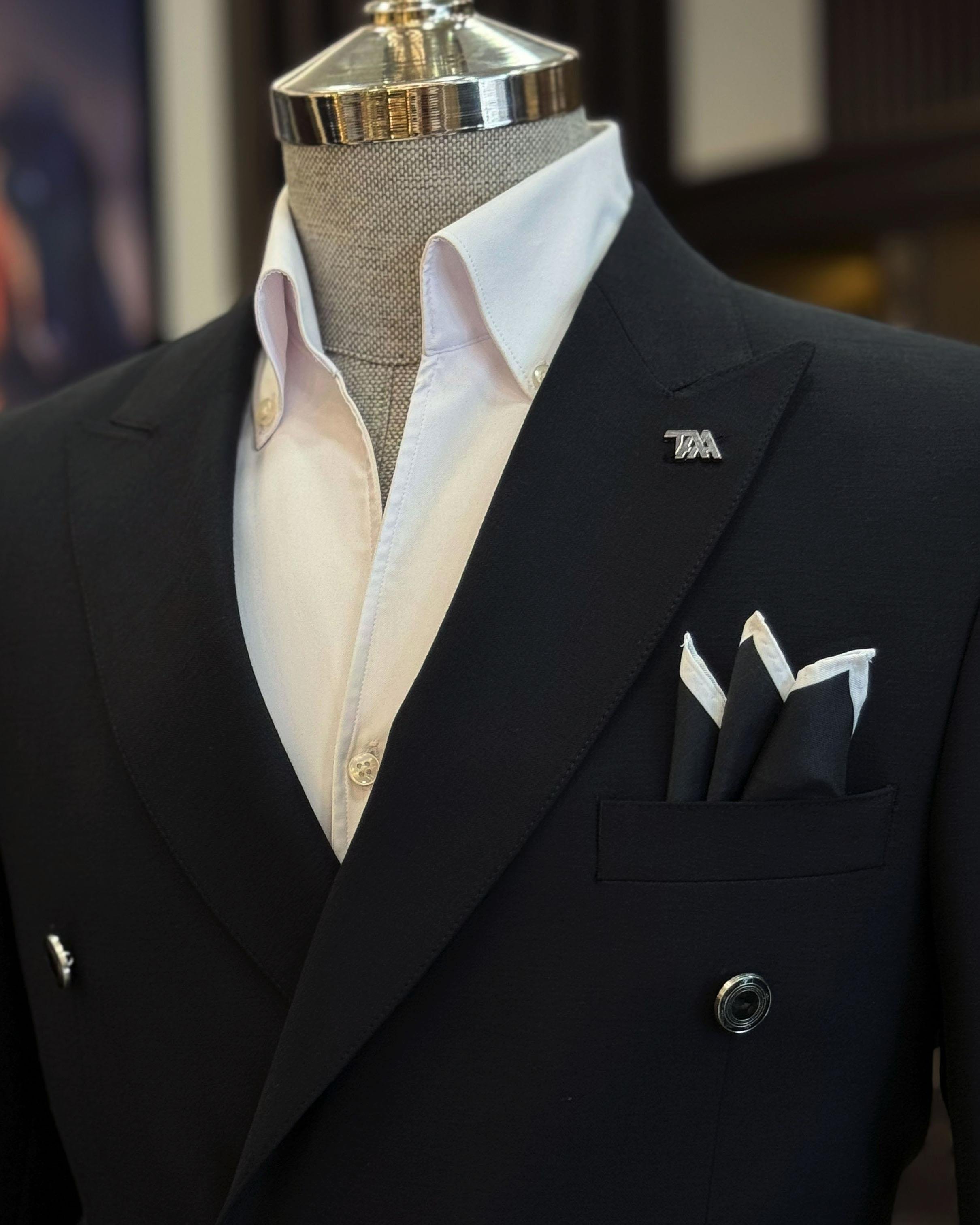 İtalyan stil erkek slim fit kırlangıç yaka keten karışımlı kruvaze ceket siyah T11994