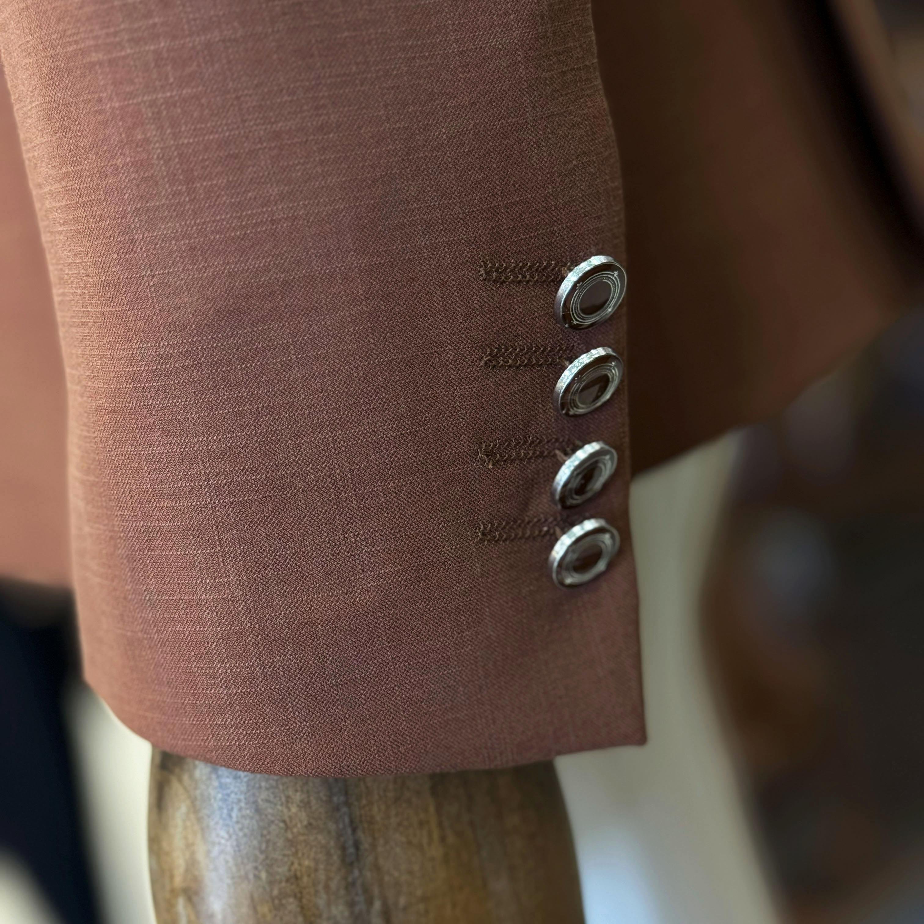 İtalyan stil erkek slim fit kırlangıç yaka keten karışımlı kruvaze ceket kiremit T11984