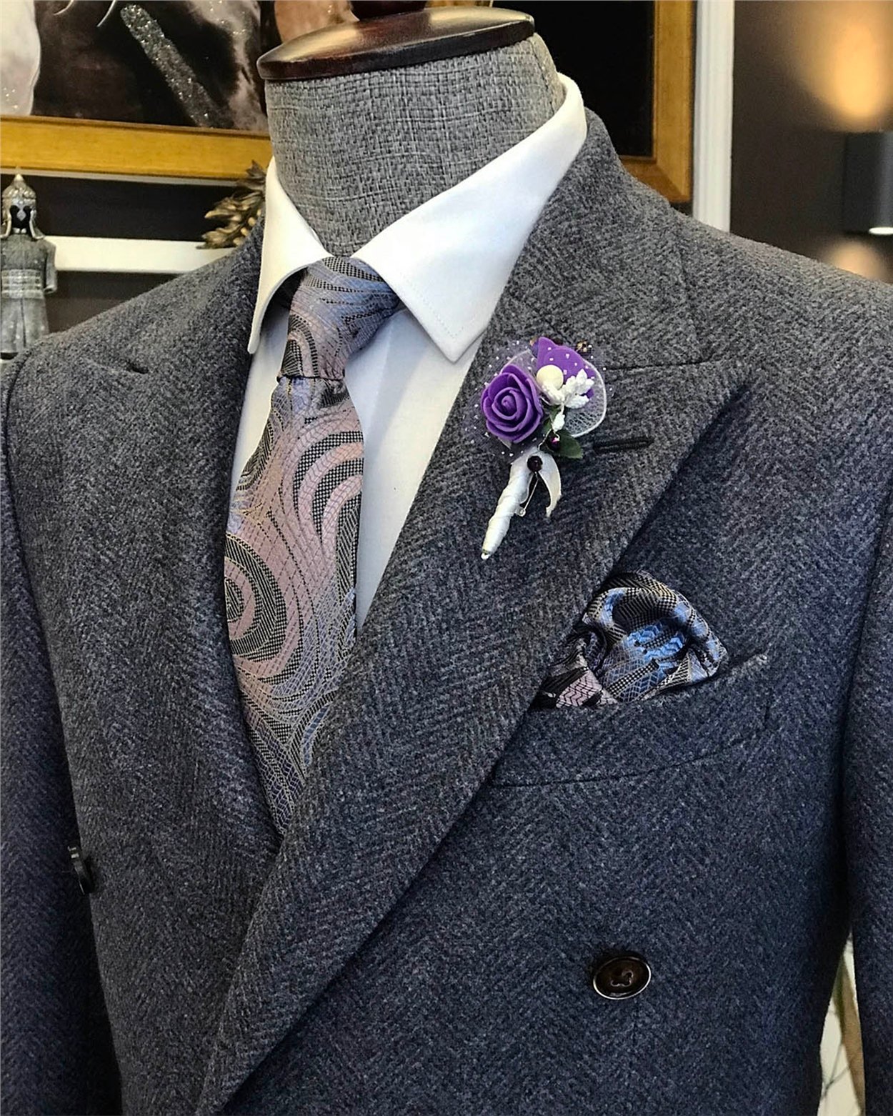 İtalyan stil erkek slim fit kruvaze kışlık tek ceket gri T6473