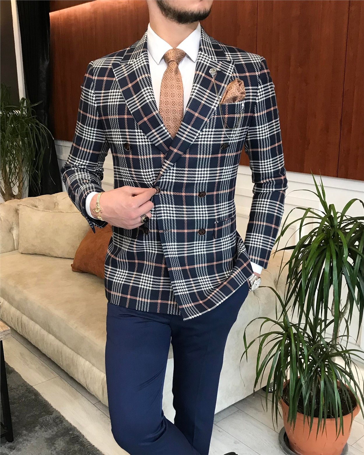İtalyan stil erkek slim fit kruvaze kışlık tek ceket lacivert T6673