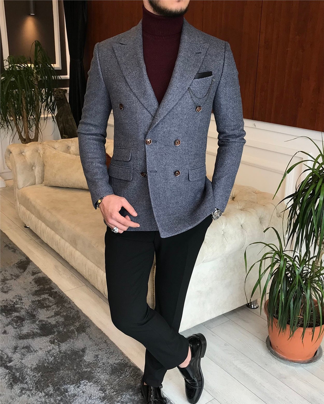İtalyan stil erkek slim fit kruvaze kışlık tek ceket gri T6473