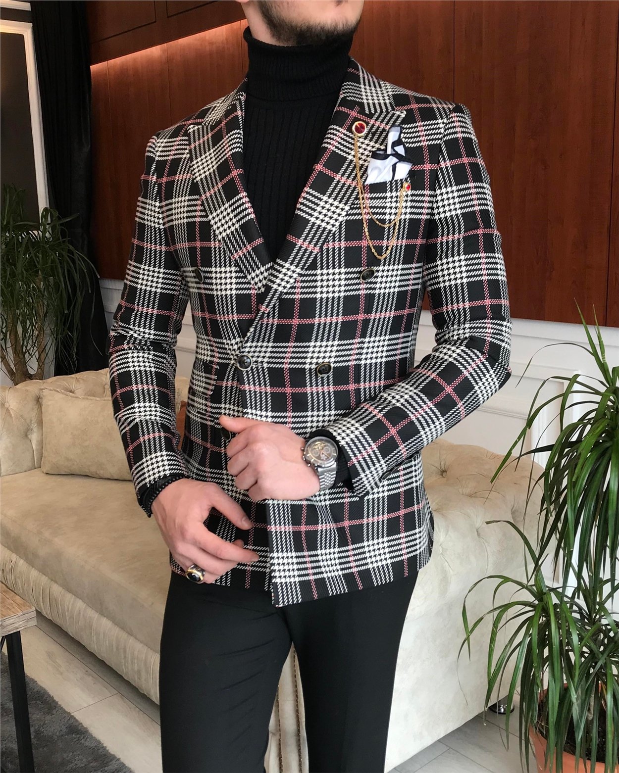 İtalyan stil erkek slim fit kruvaze kışlık tek ceket siyah T6671