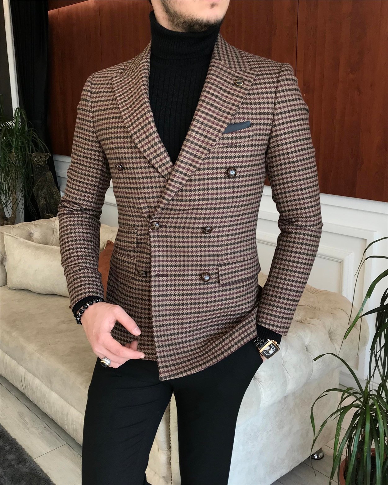 İtalyan stil erkek slim fit kruvaze kışlık tek ceket kahverengi T6684