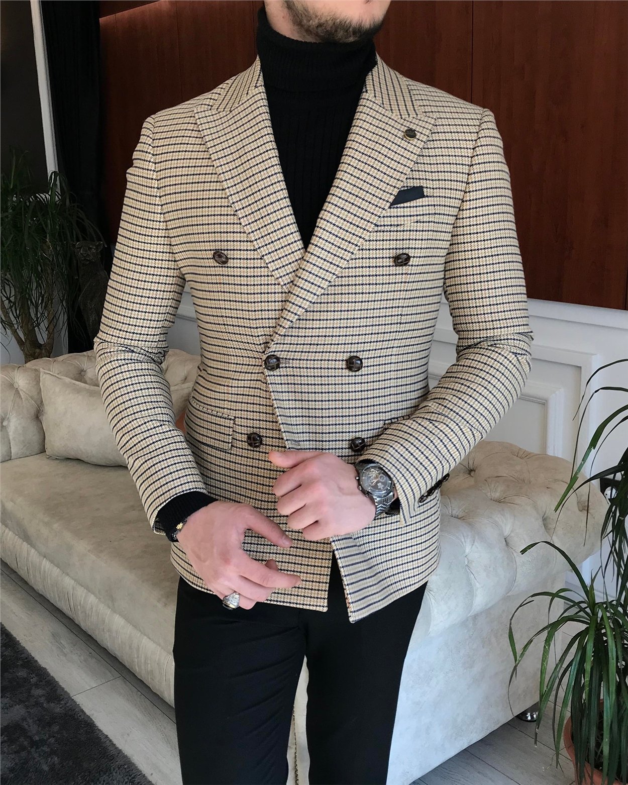 İtalyan stil erkek slim fit kruvaze kışlık tek ceket çok renkli T6681