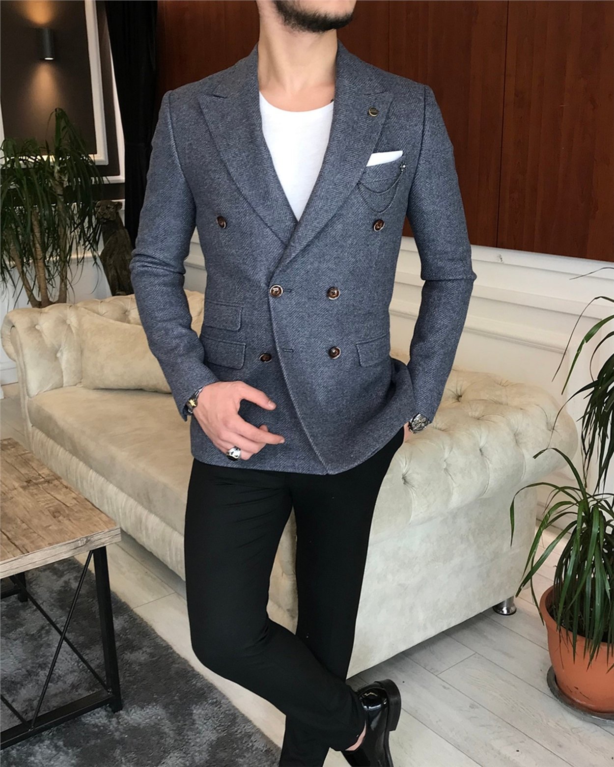 İtalyan stil erkek slim fit kruvaze kışlık tek ceket gri T6473
