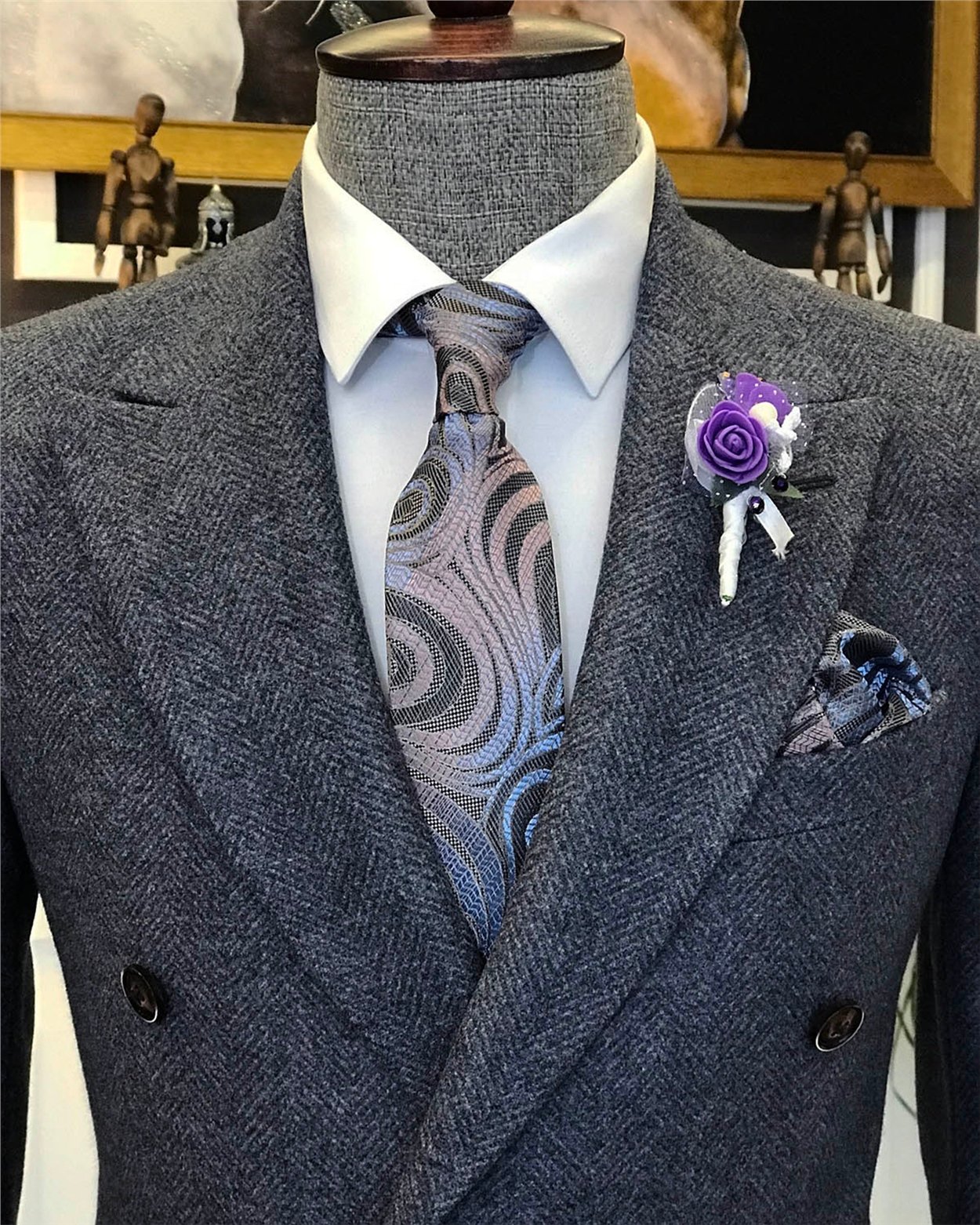 İtalyan stil erkek slim fit kruvaze kışlık tek ceket gri T6473