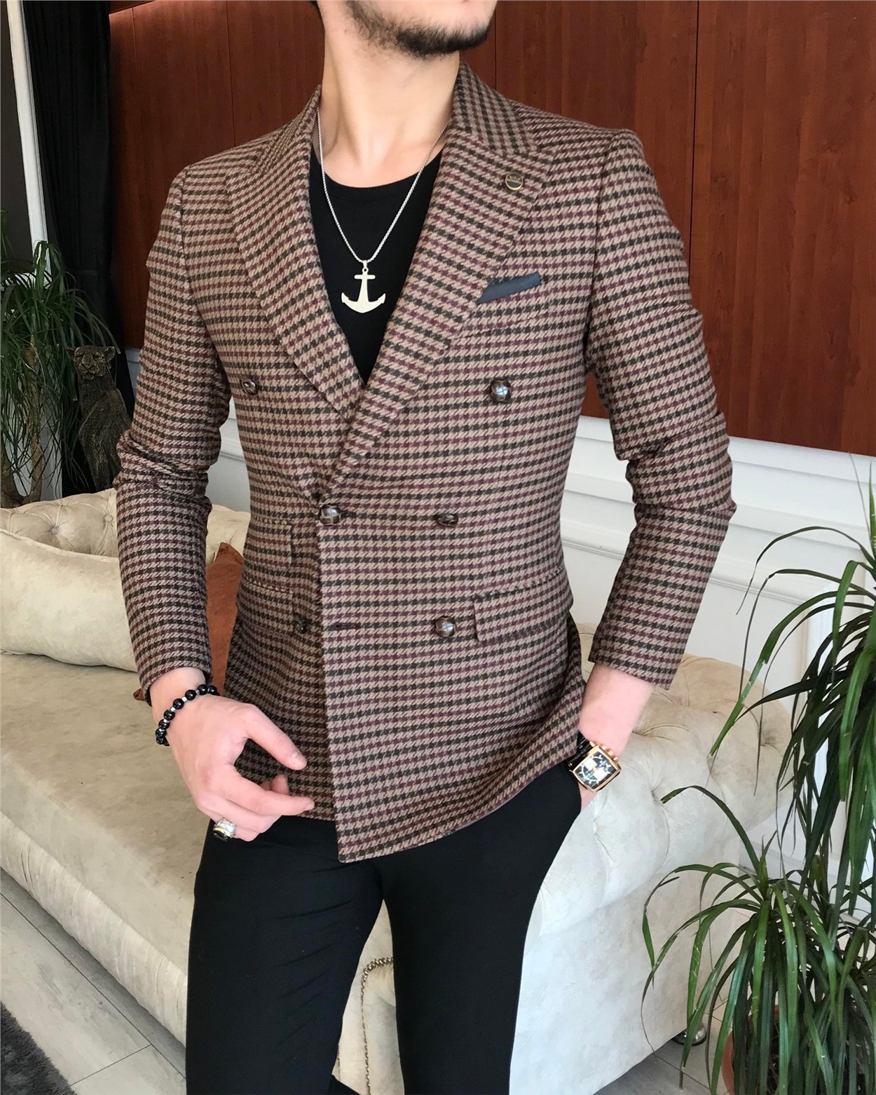 İtalyan stil erkek slim fit kruvaze kışlık tek ceket kahverengi T6684