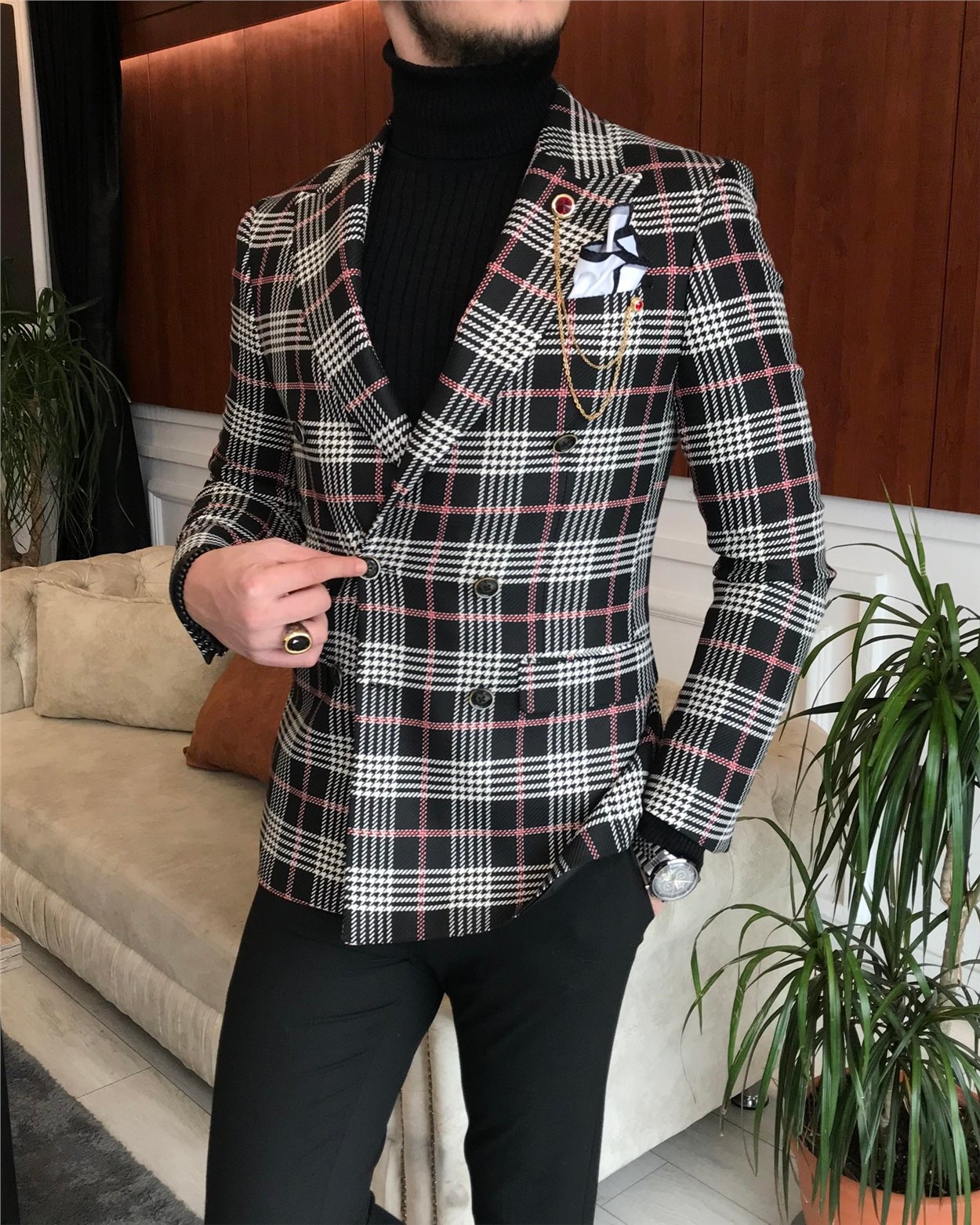 İtalyan stil erkek slim fit kruvaze kışlık tek ceket siyah T6671