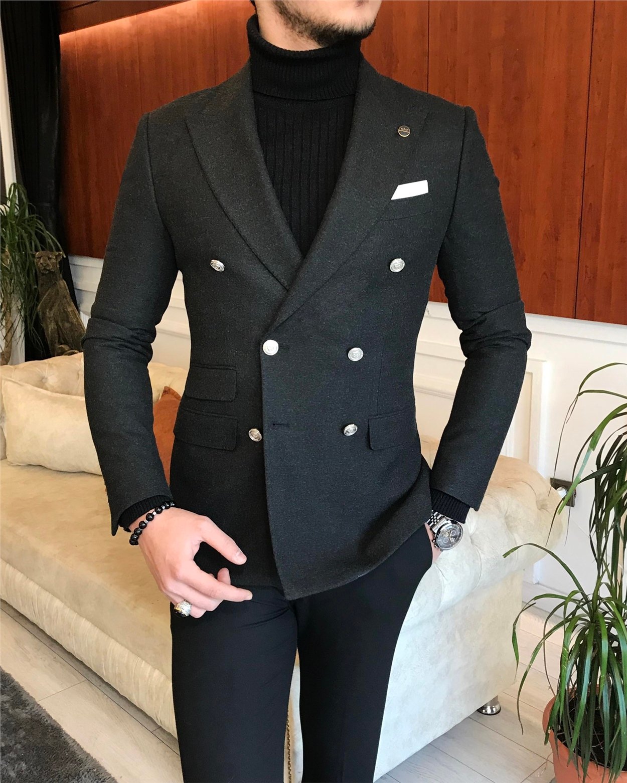İtalyan stil erkek slim fit kruvaze kışlık tek ceket antrasit T6686