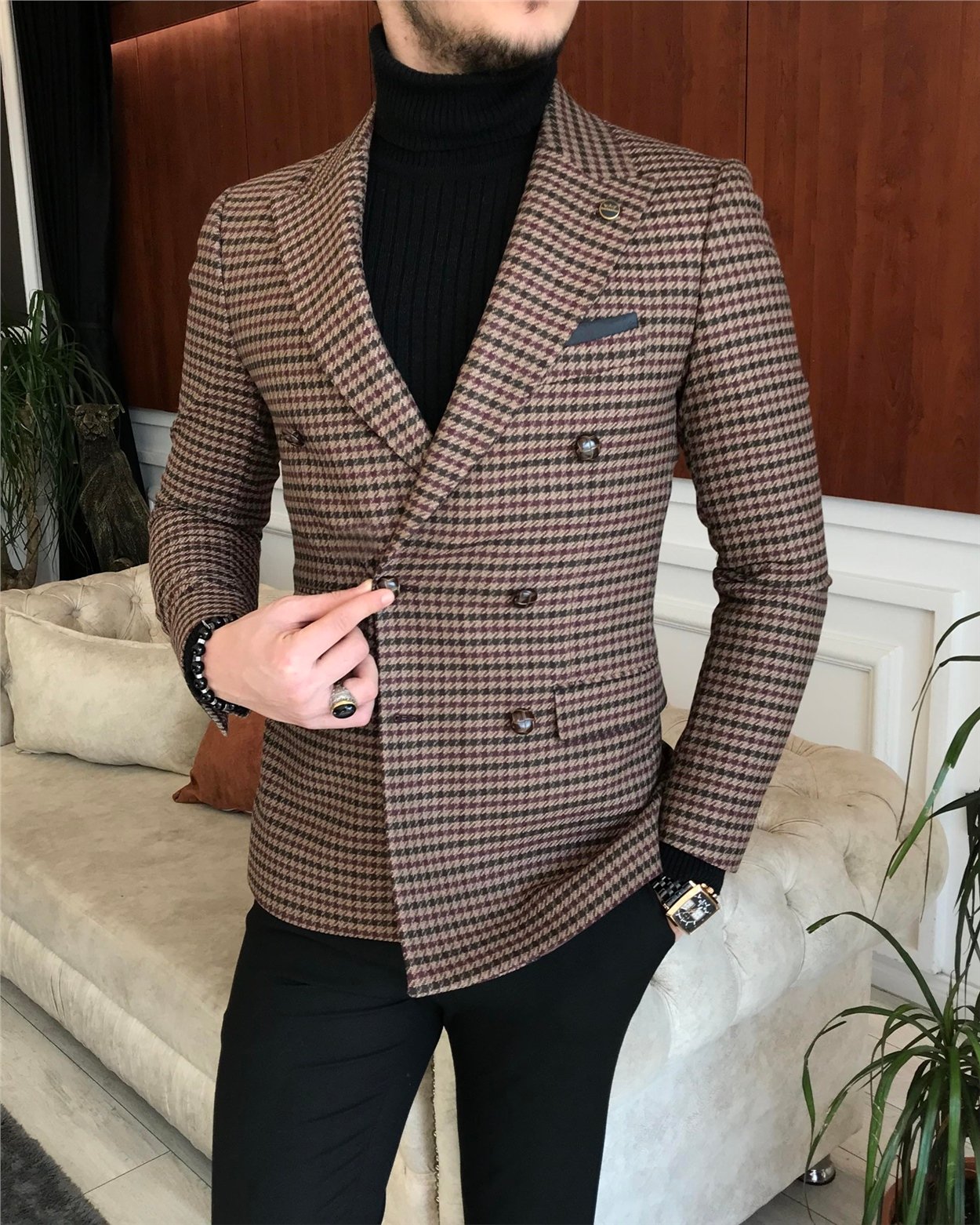 İtalyan stil erkek slim fit kruvaze kışlık tek ceket kahverengi T6684