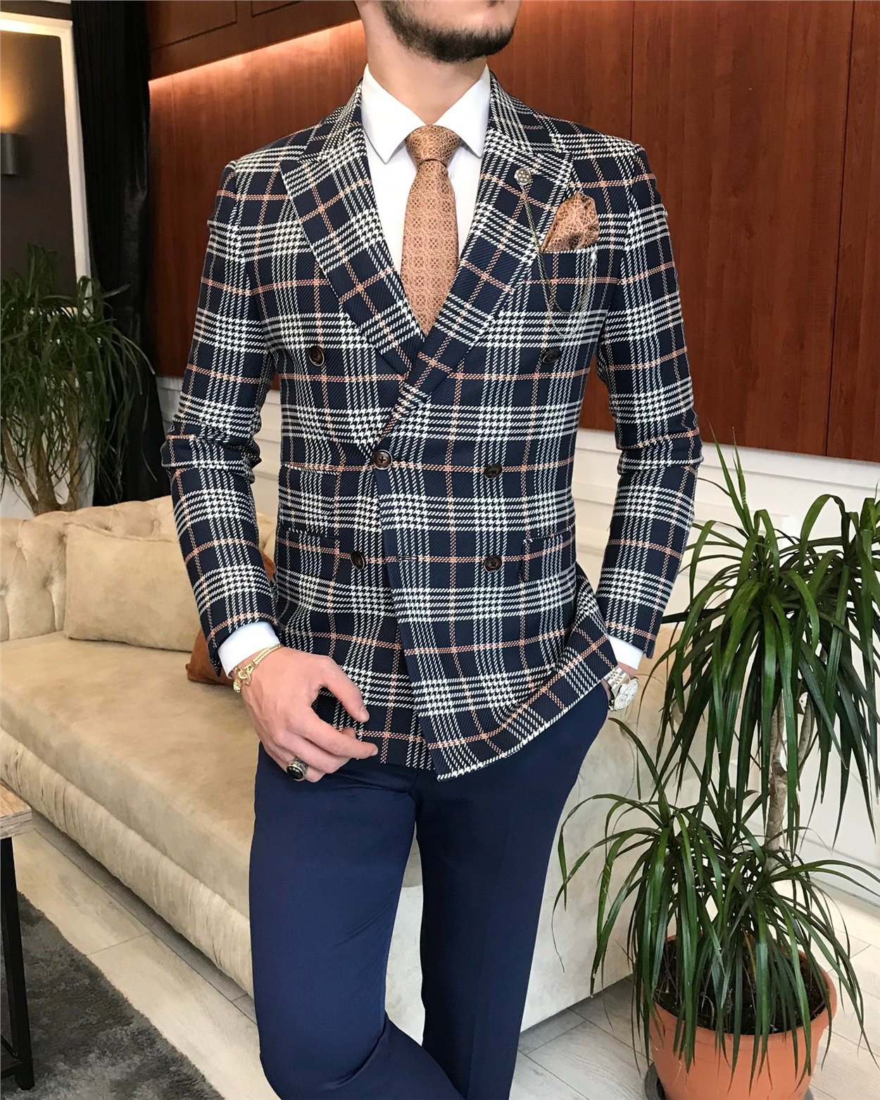 İtalyan stil erkek slim fit kruvaze kışlık tek ceket lacivert T6673