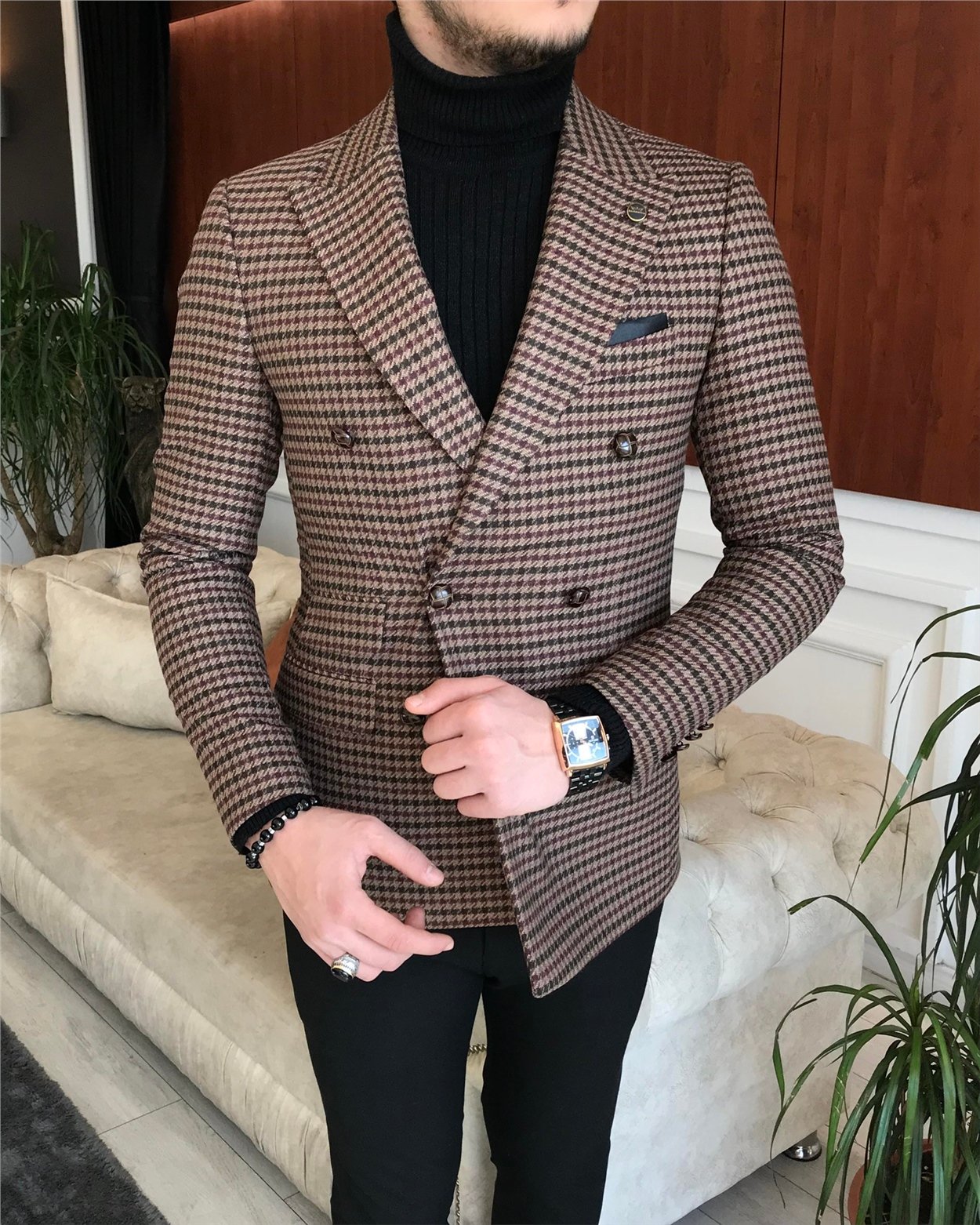 İtalyan stil erkek slim fit kruvaze kışlık tek ceket kahverengi T6684