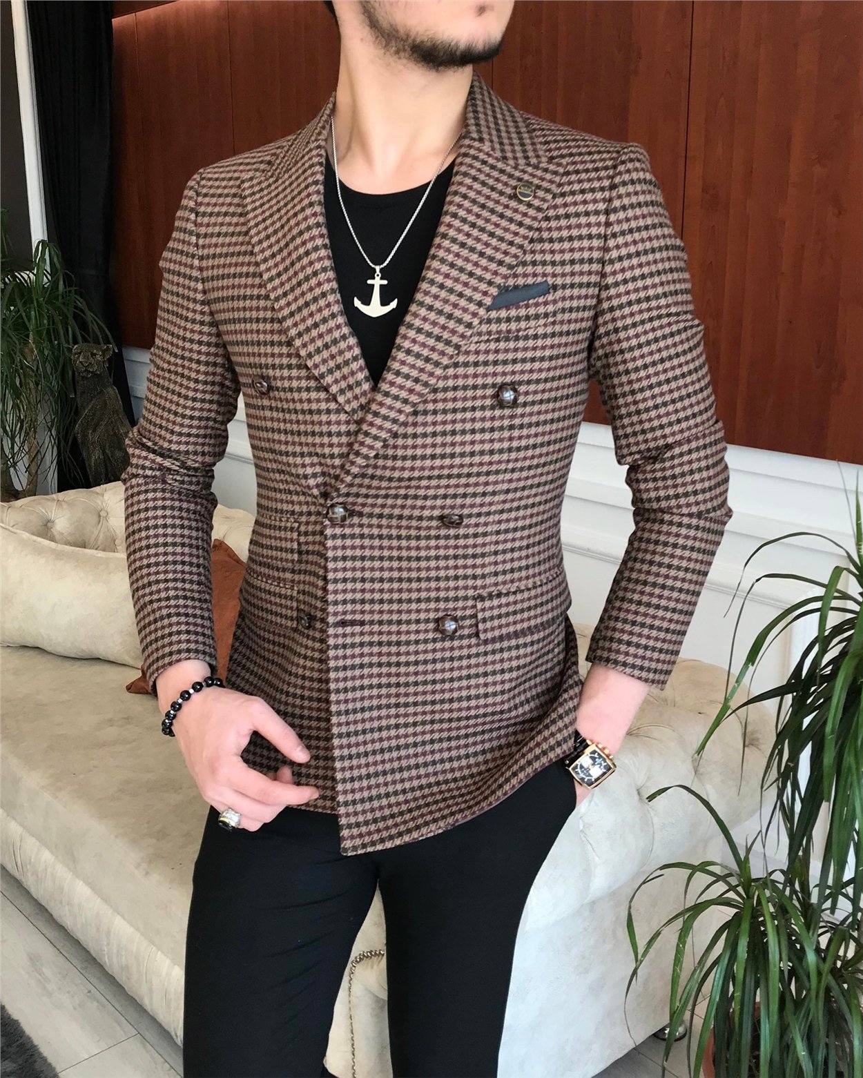 İtalyan stil erkek slim fit kruvaze kışlık tek ceket kahverengi T6684