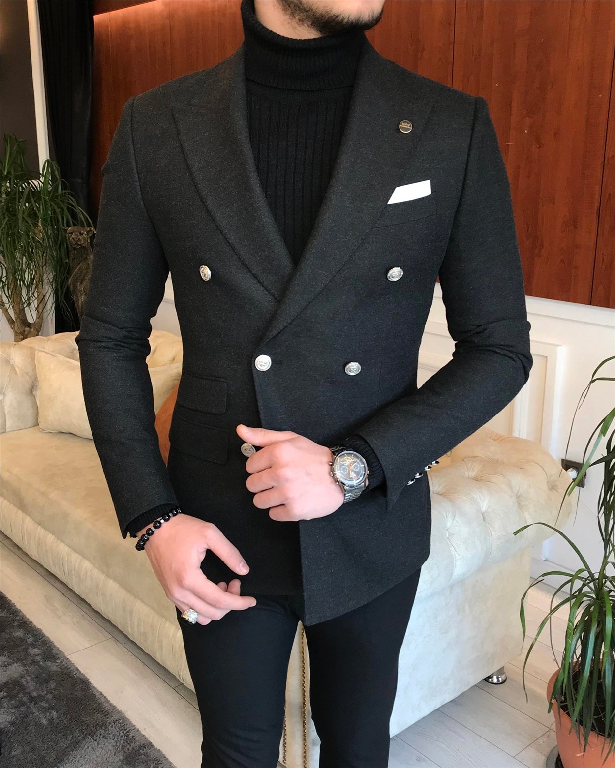 İtalyan stil erkek slim fit kruvaze kışlık tek ceket antrasit T6686