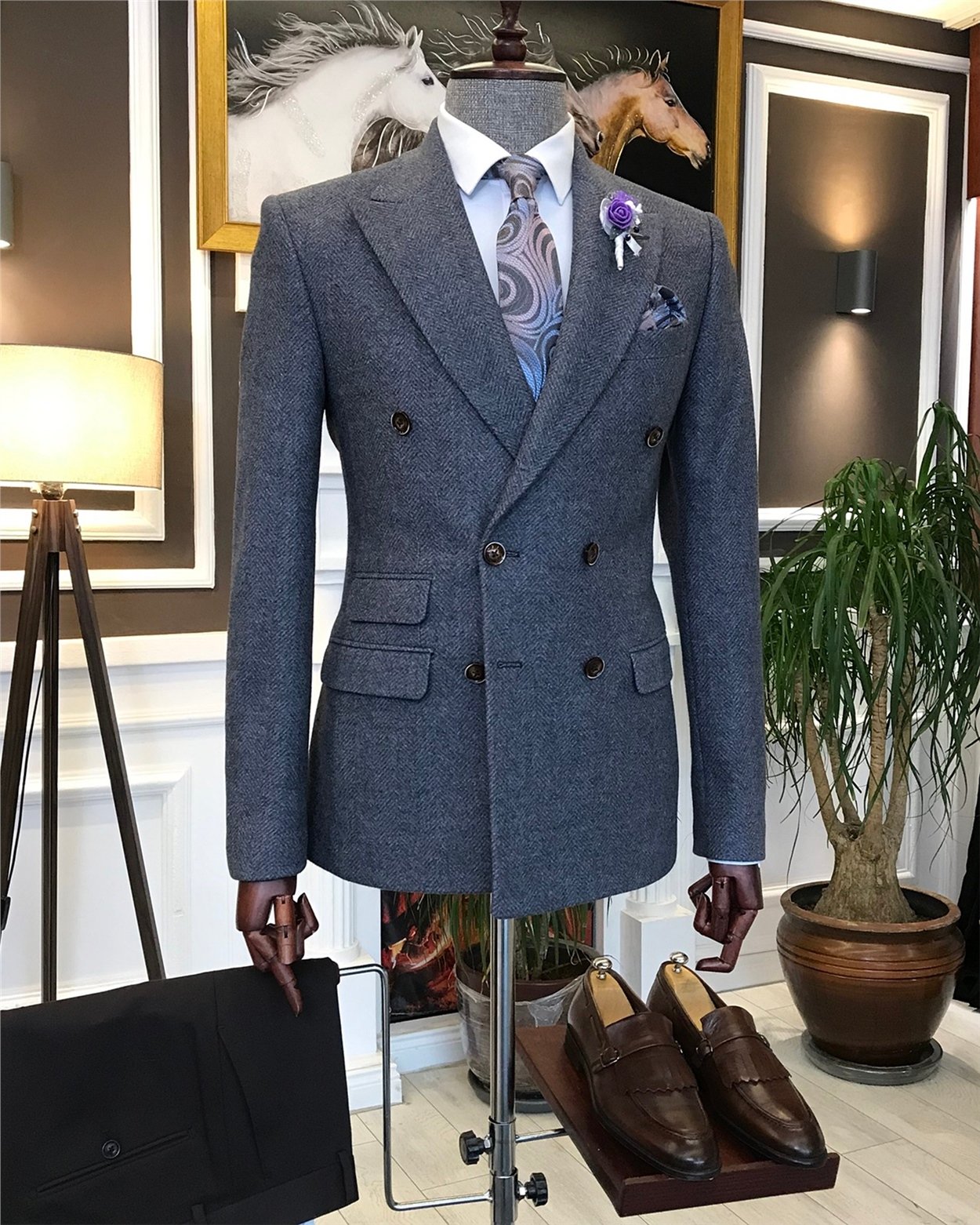 İtalyan stil erkek slim fit kruvaze kışlık tek ceket gri T6473