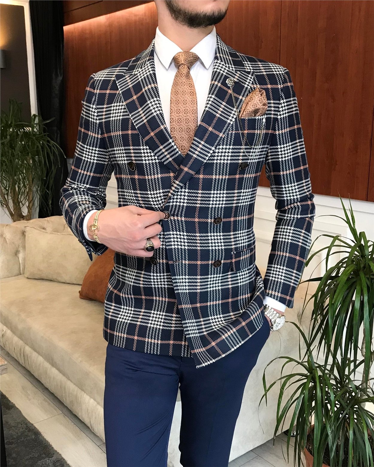 İtalyan stil erkek slim fit kruvaze kışlık tek ceket lacivert T6673