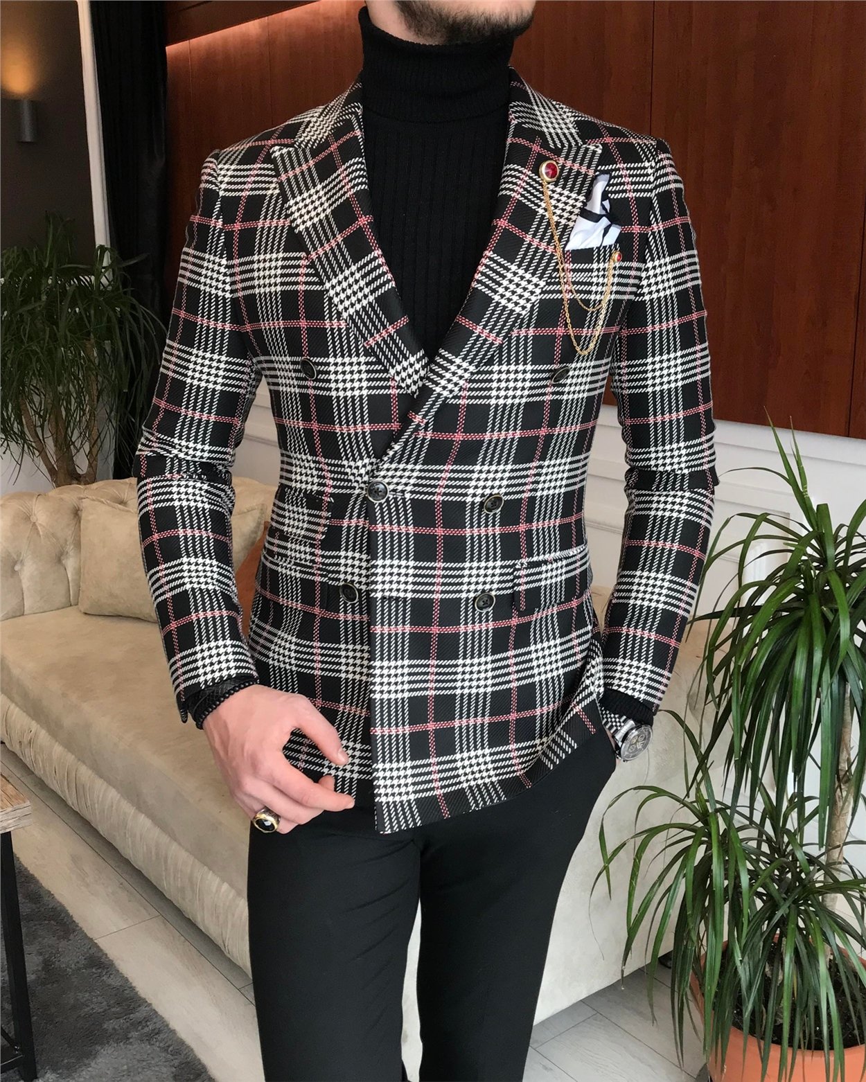 İtalyan stil erkek slim fit kruvaze kışlık tek ceket siyah T6671