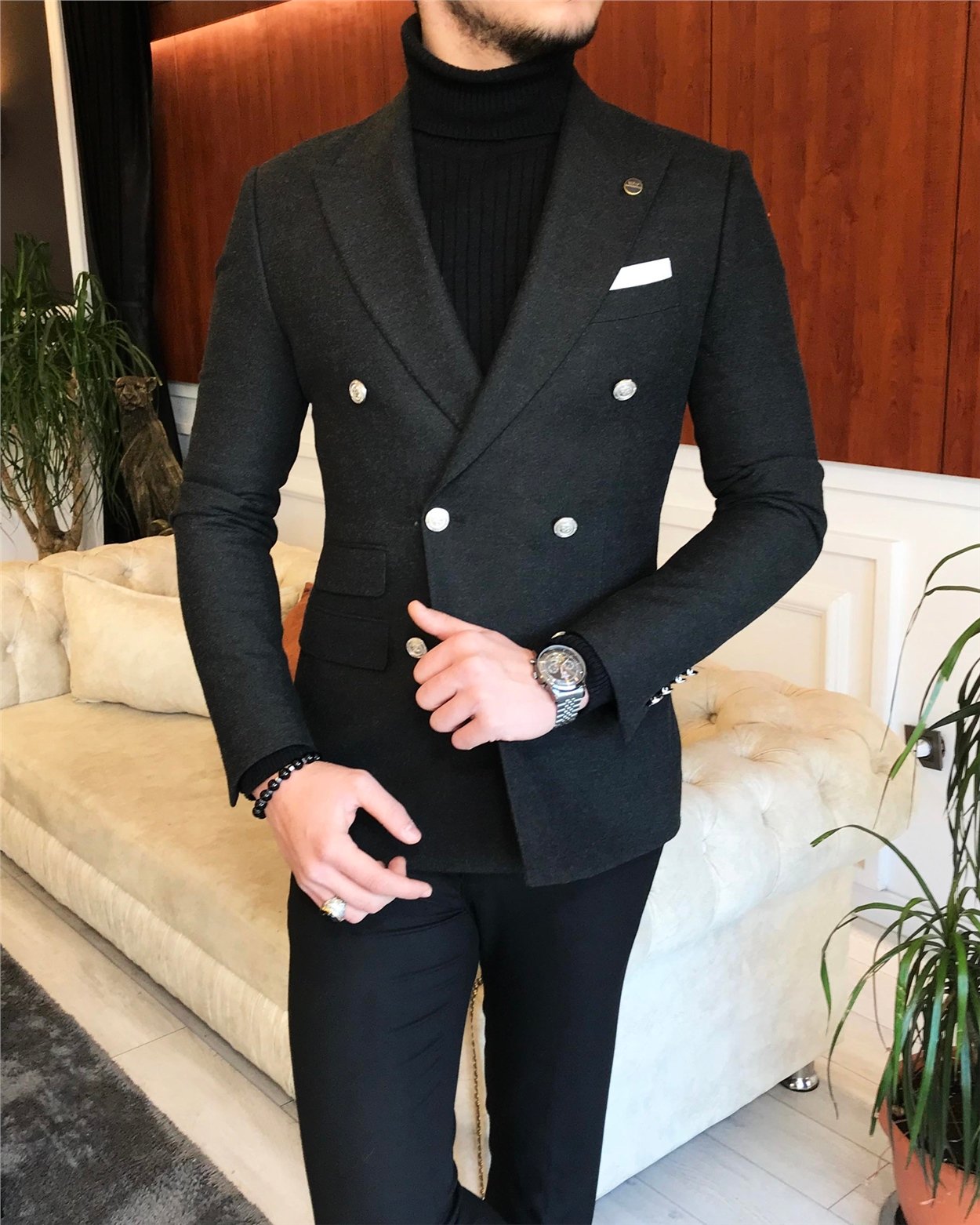 İtalyan stil erkek slim fit kruvaze kışlık tek ceket antrasit T6686