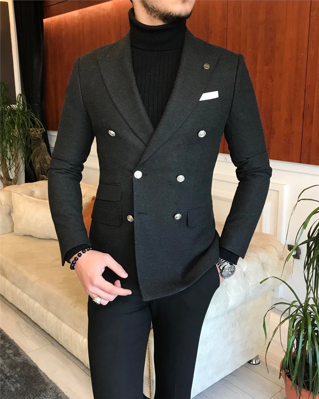 İtalyan stil erkek slim fit kruvaze kışlık tek ceket antrasit T6686