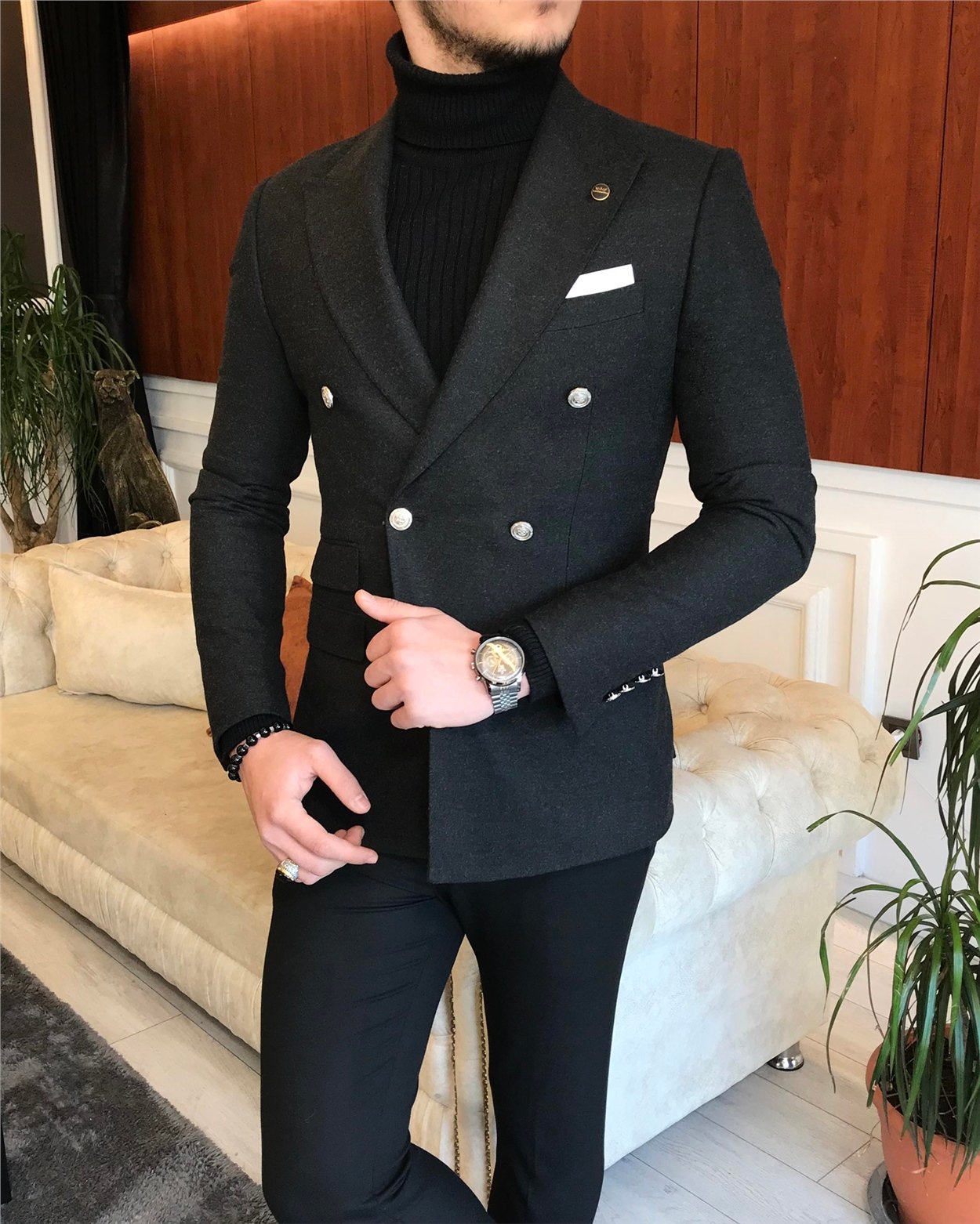 İtalyan stil erkek slim fit kruvaze kışlık tek ceket antrasit T6686