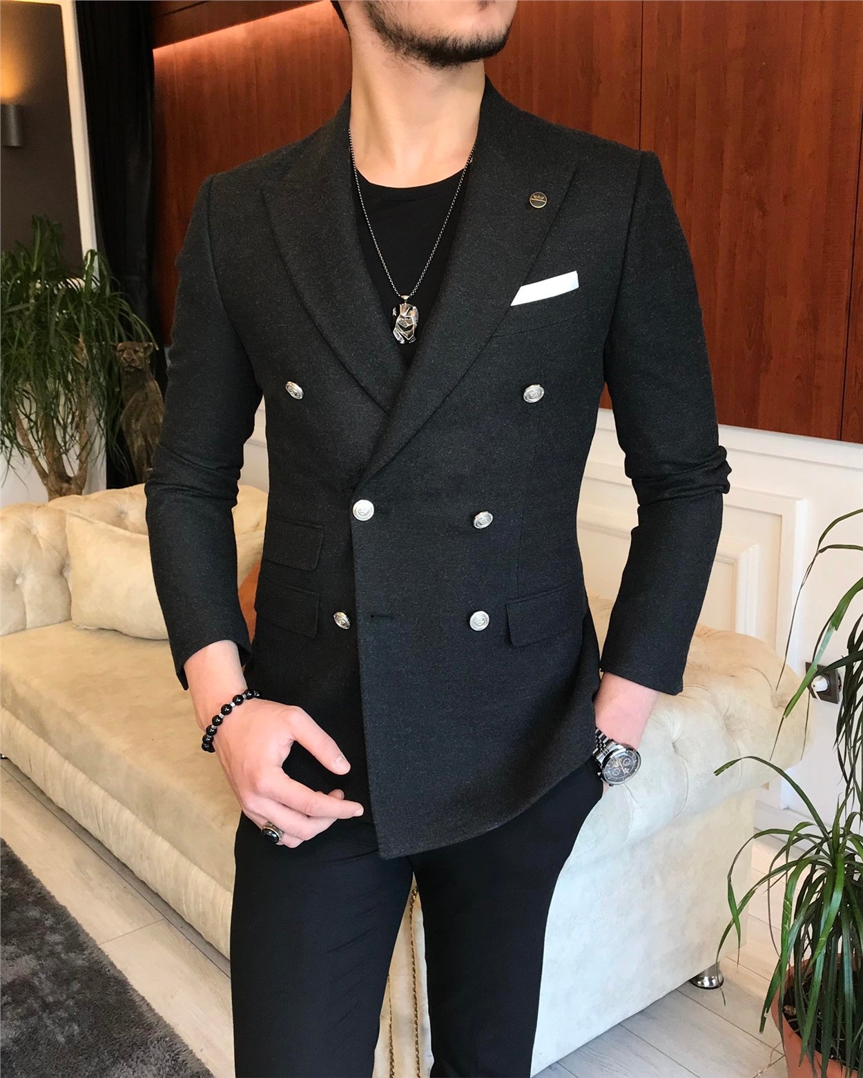 İtalyan stil erkek slim fit kruvaze kışlık tek ceket antrasit T6686
