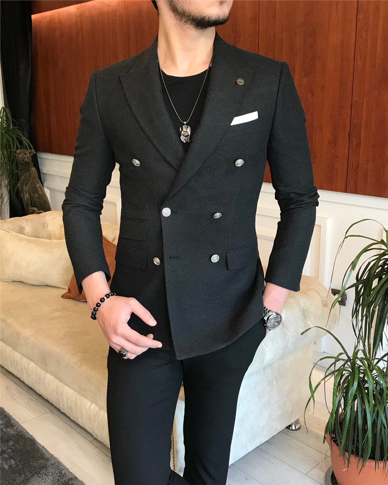 İtalyan stil erkek slim fit kruvaze kışlık tek ceket antrasit T6686