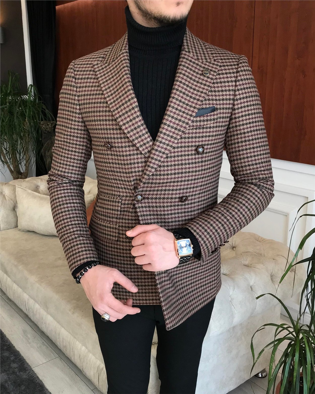 İtalyan stil erkek slim fit kruvaze kışlık tek ceket kahverengi T6684