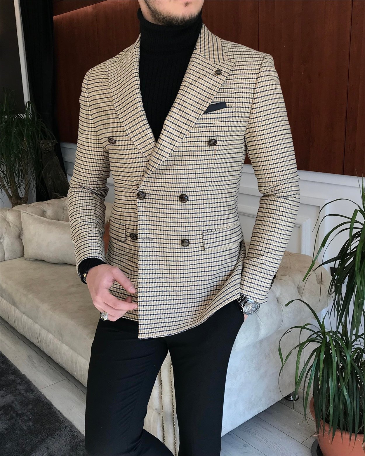 İtalyan stil erkek slim fit kruvaze kışlık tek ceket çok renkli T6681