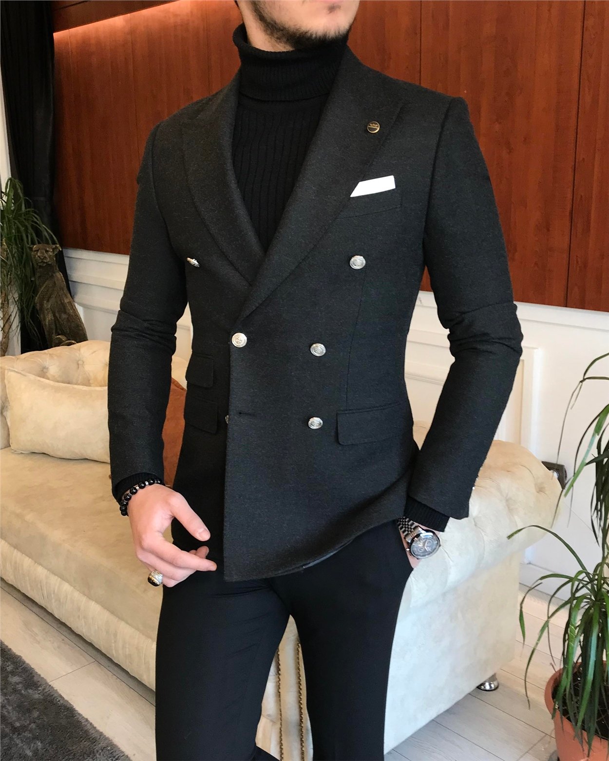 İtalyan stil erkek slim fit kruvaze kışlık tek ceket antrasit T6686