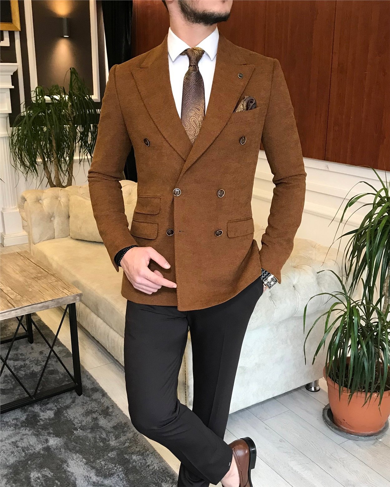 İtalyan stil erkek slim fit  kruvaze tek ceket kahverengi T6448