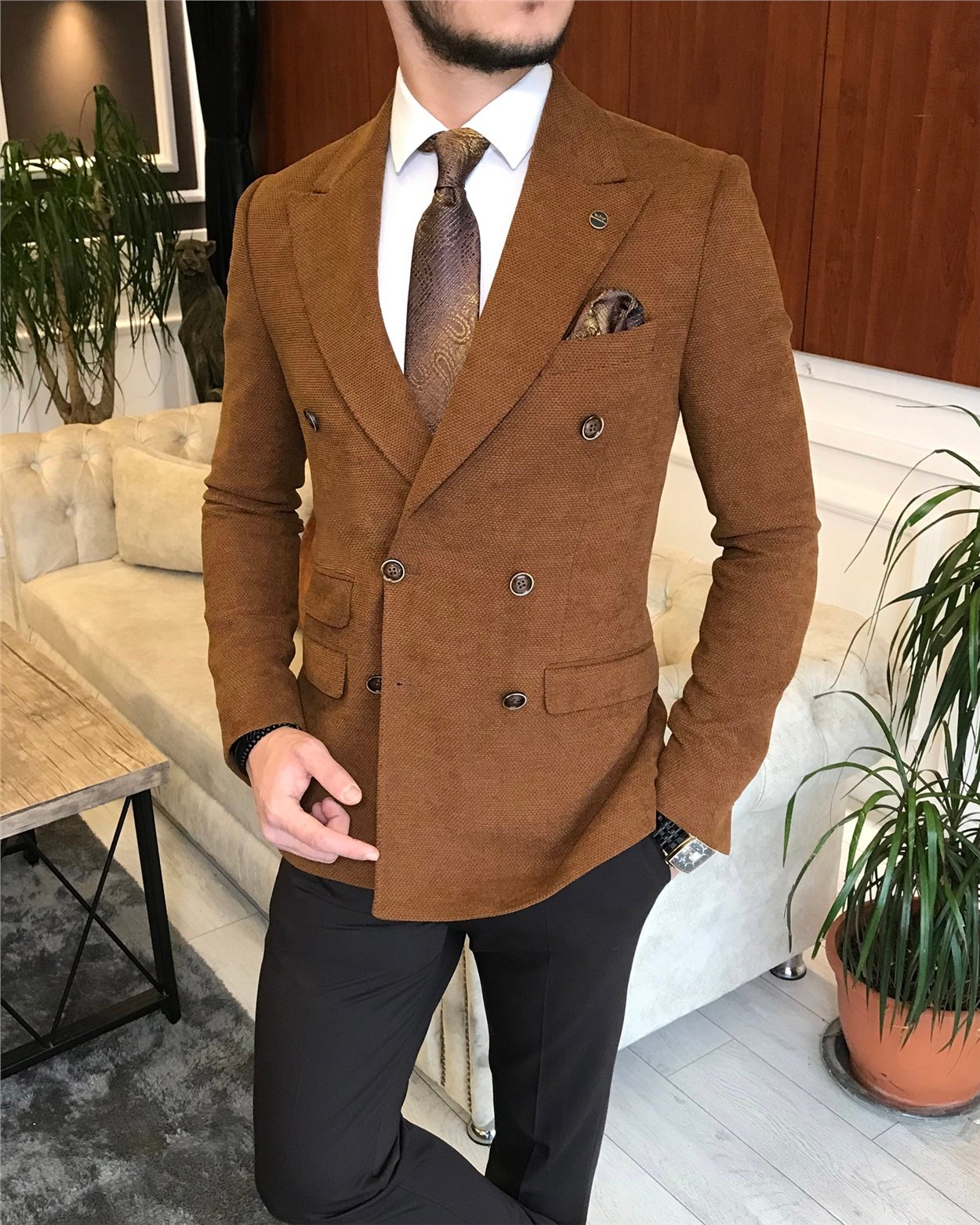 İtalyan stil erkek slim fit  kruvaze tek ceket kahverengi T6448