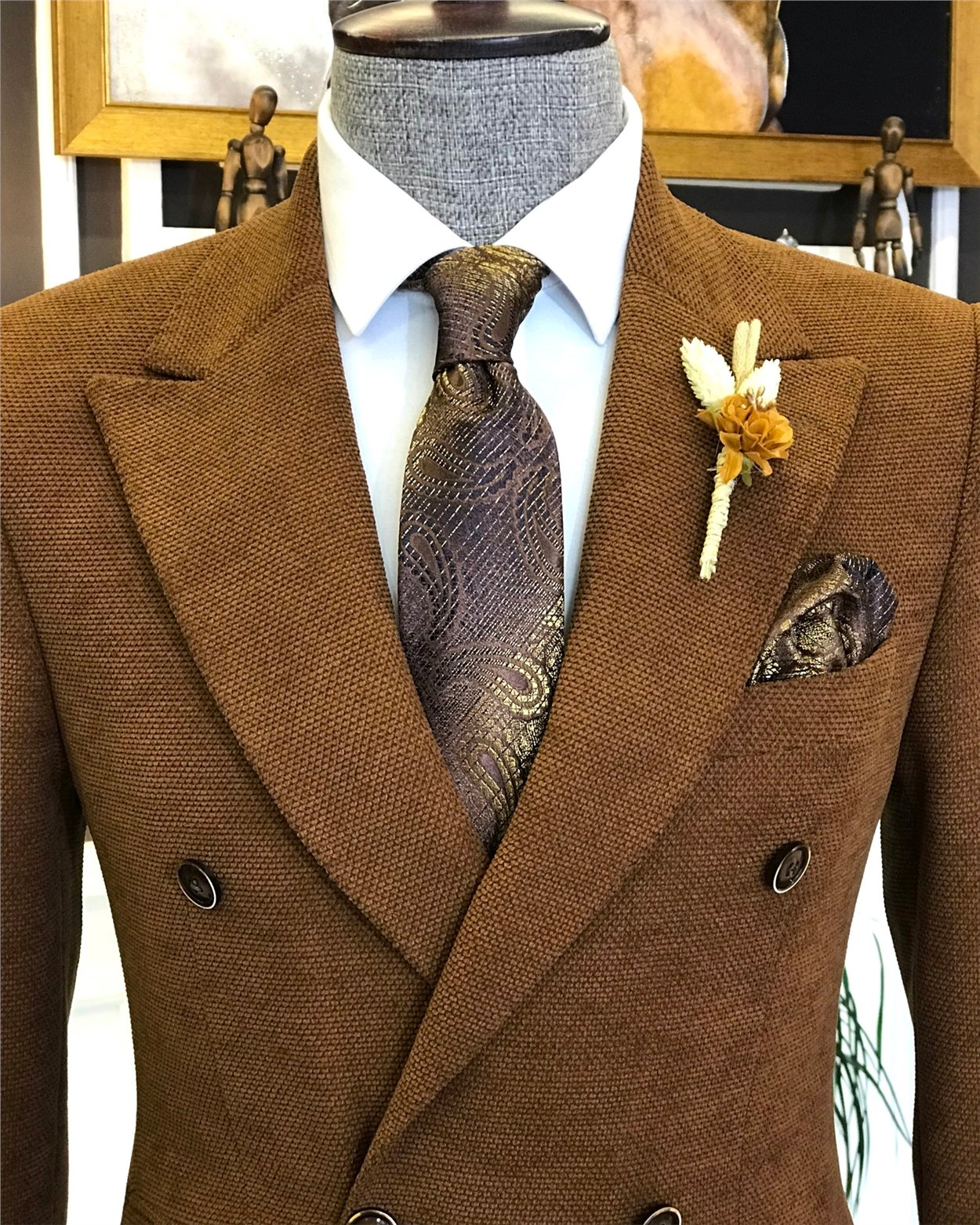 İtalyan stil erkek slim fit  kruvaze tek ceket kahverengi T6448