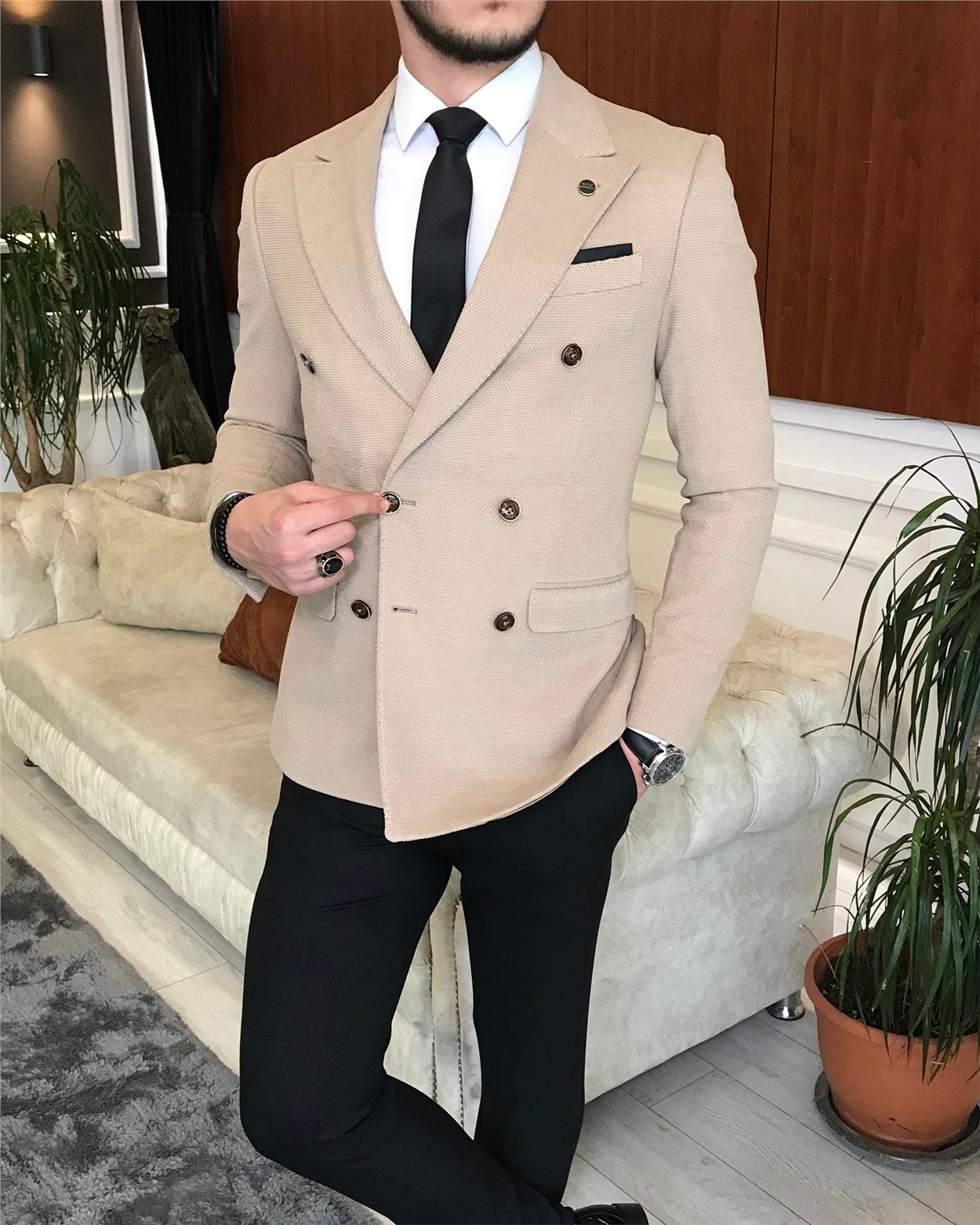 İtalyan stil erkek slim fit kruvaze tek ceket bej T6447
