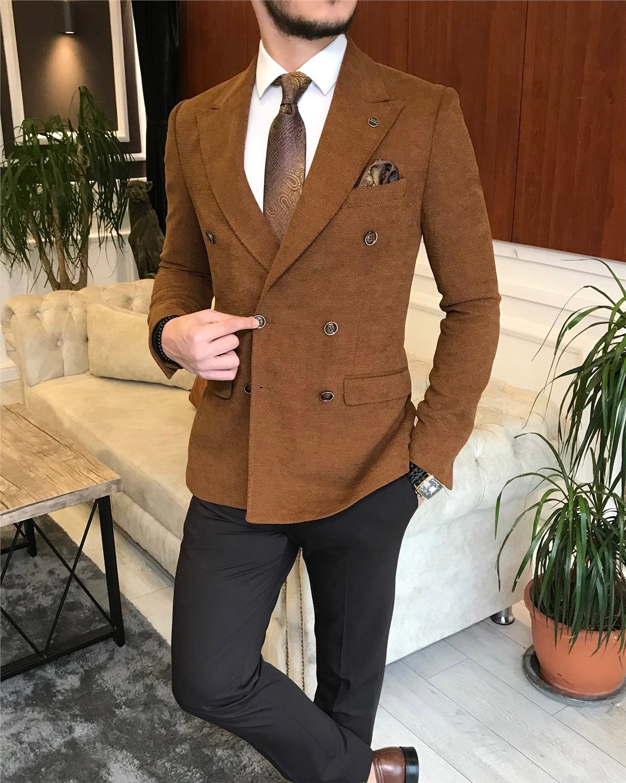 İtalyan stil erkek slim fit  kruvaze tek ceket kahverengi T6448