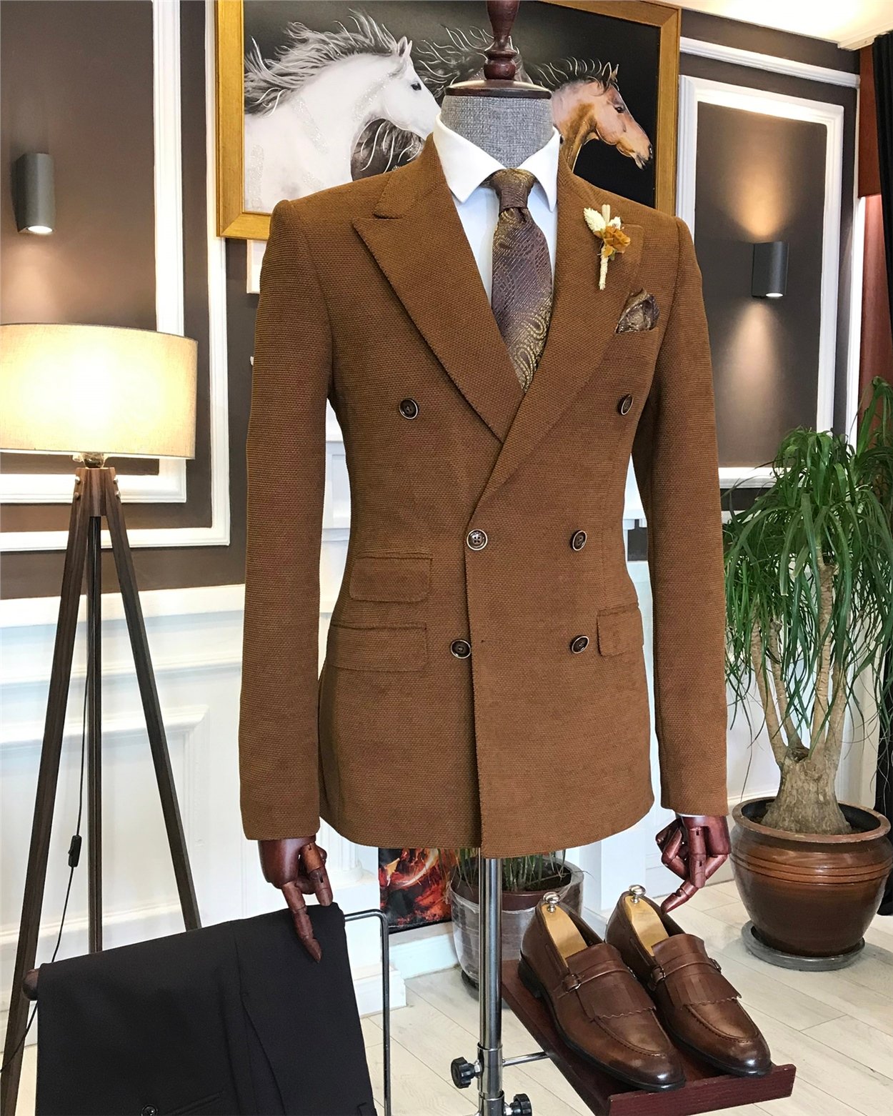 İtalyan stil erkek slim fit  kruvaze tek ceket kahverengi T6448