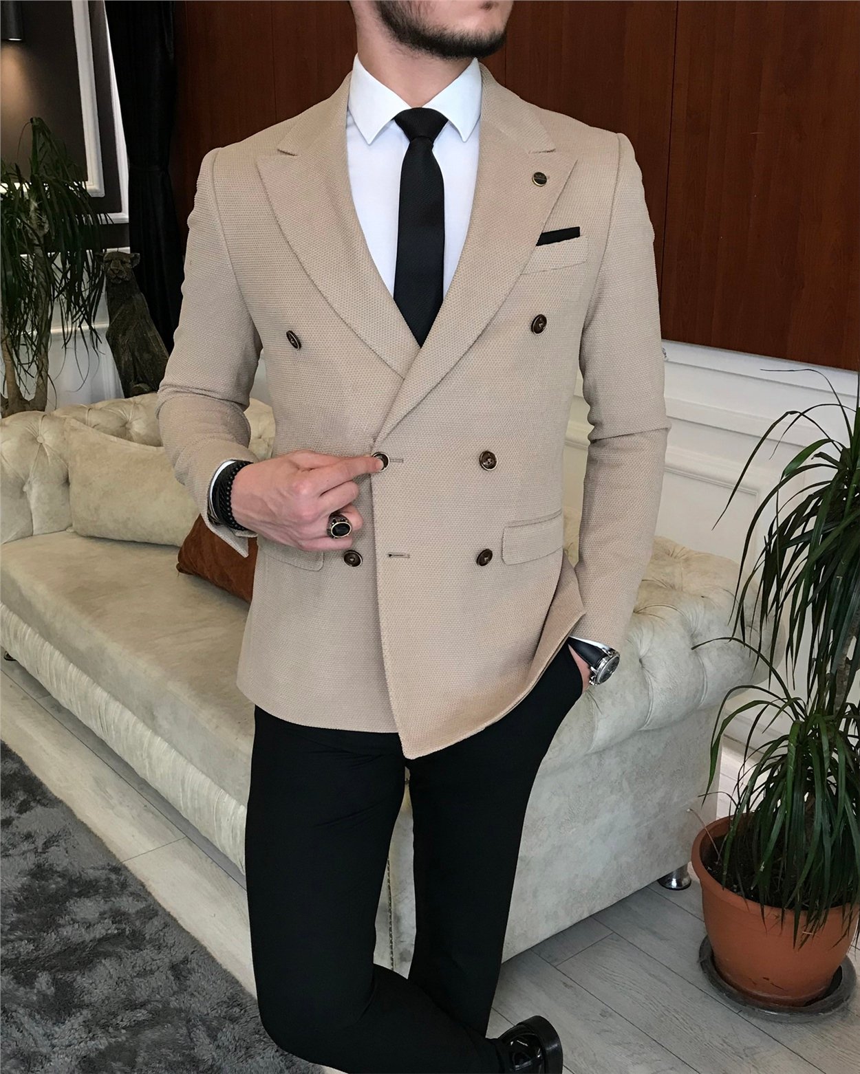 İtalyan stil erkek slim fit kruvaze tek ceket bej T6447