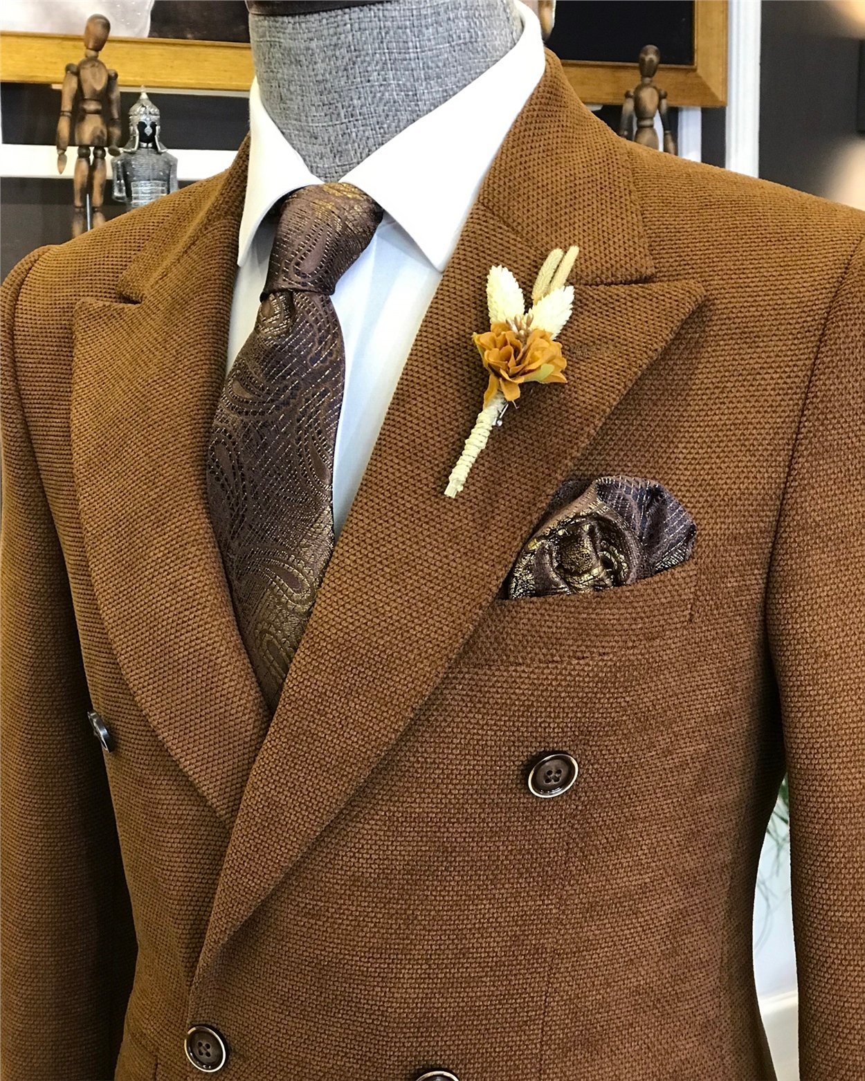 İtalyan stil erkek slim fit  kruvaze tek ceket kahverengi T6448