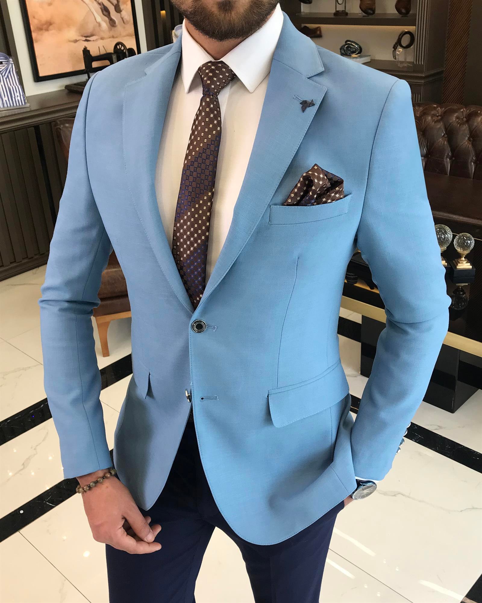 Italian Style Battal Blazer Men's Single Jacket Blue T7693