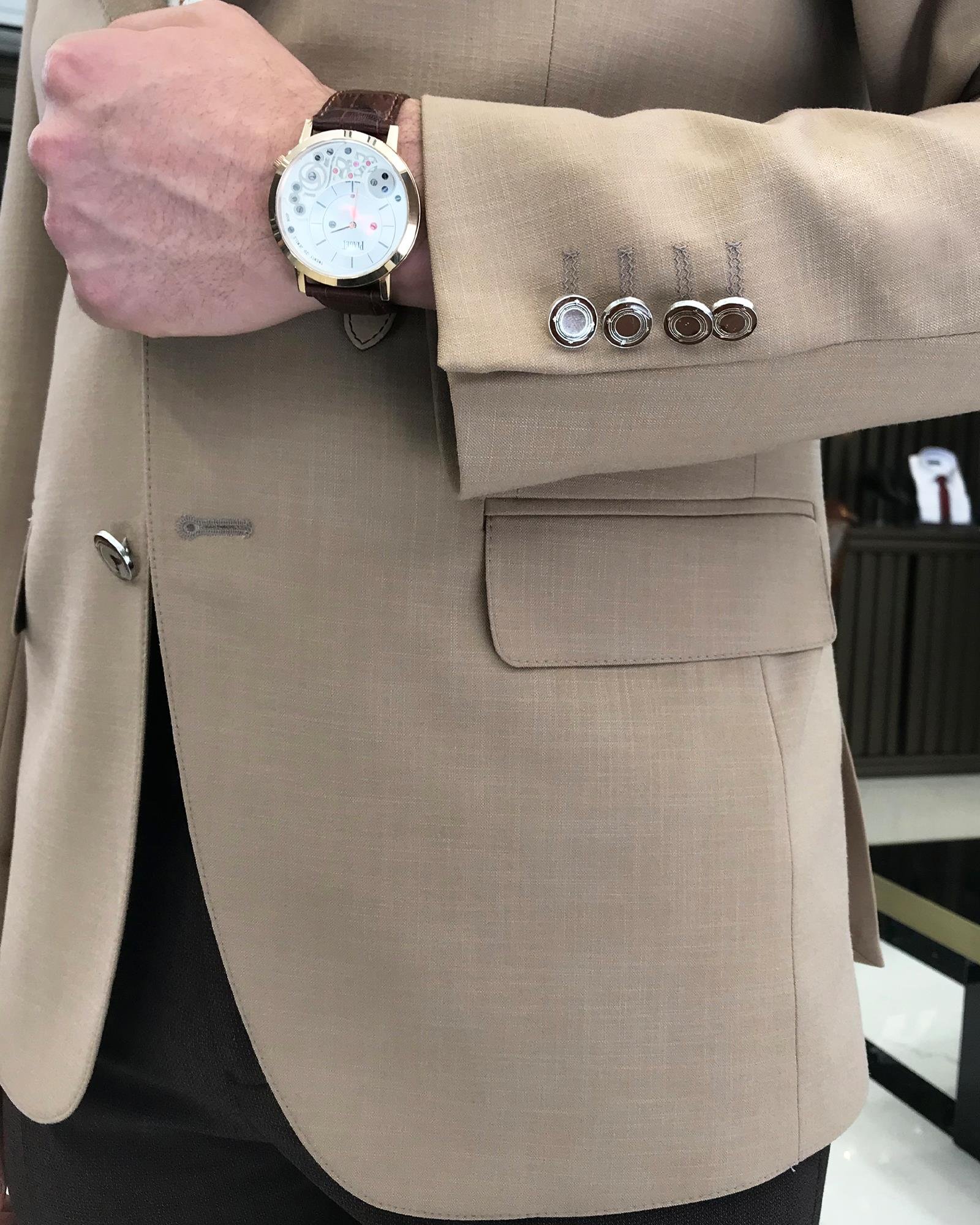 İtalyan stil erkek slim fit mono yaka keten karışımlı ceket camel T9337