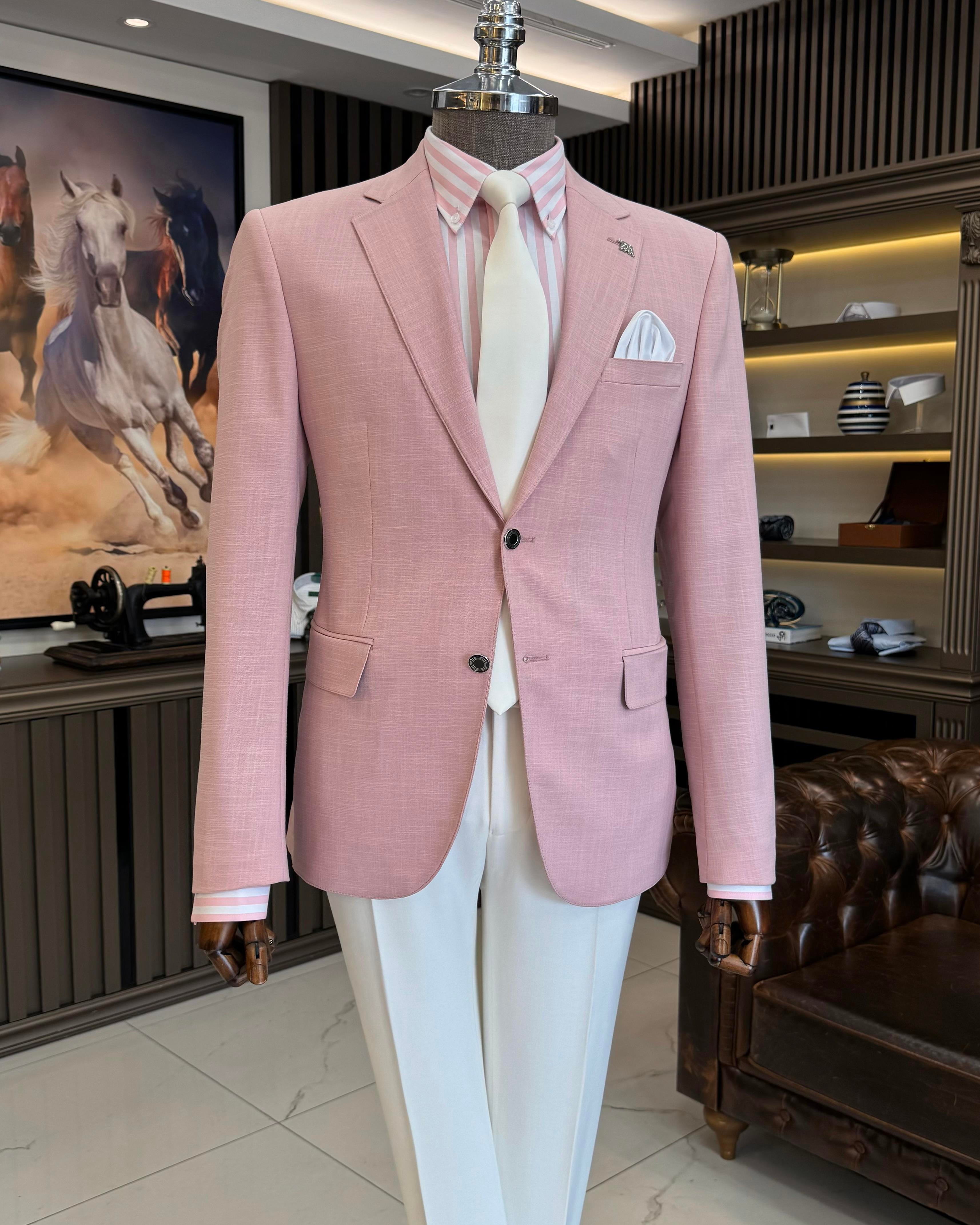 İtalyan stil erkek slim fit mono yaka keten karışımlı ceket pembe T11989