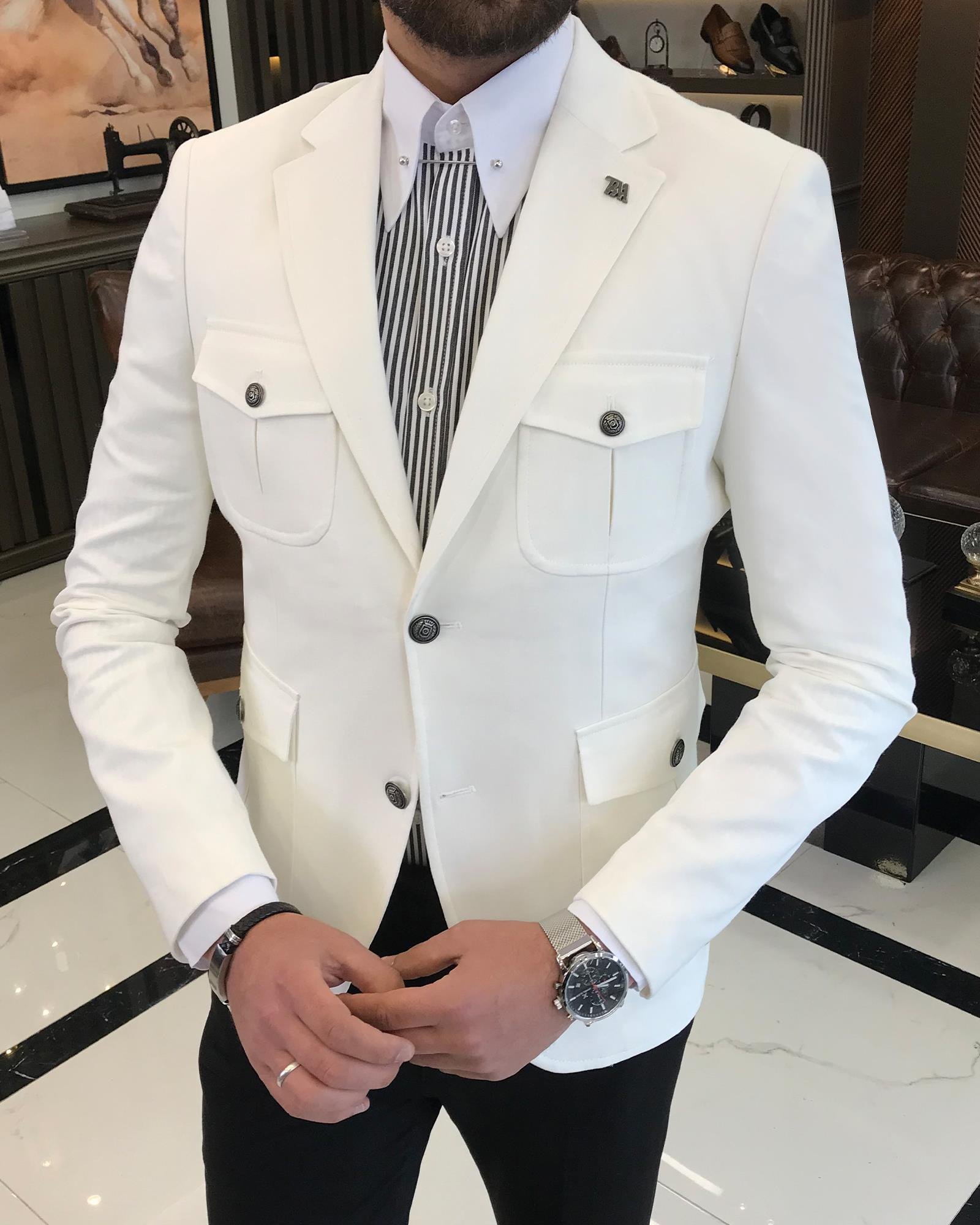 İtalyan stil erkek slim fit mono yaka torba cep pamuk karışımlı ceket ekru T9348