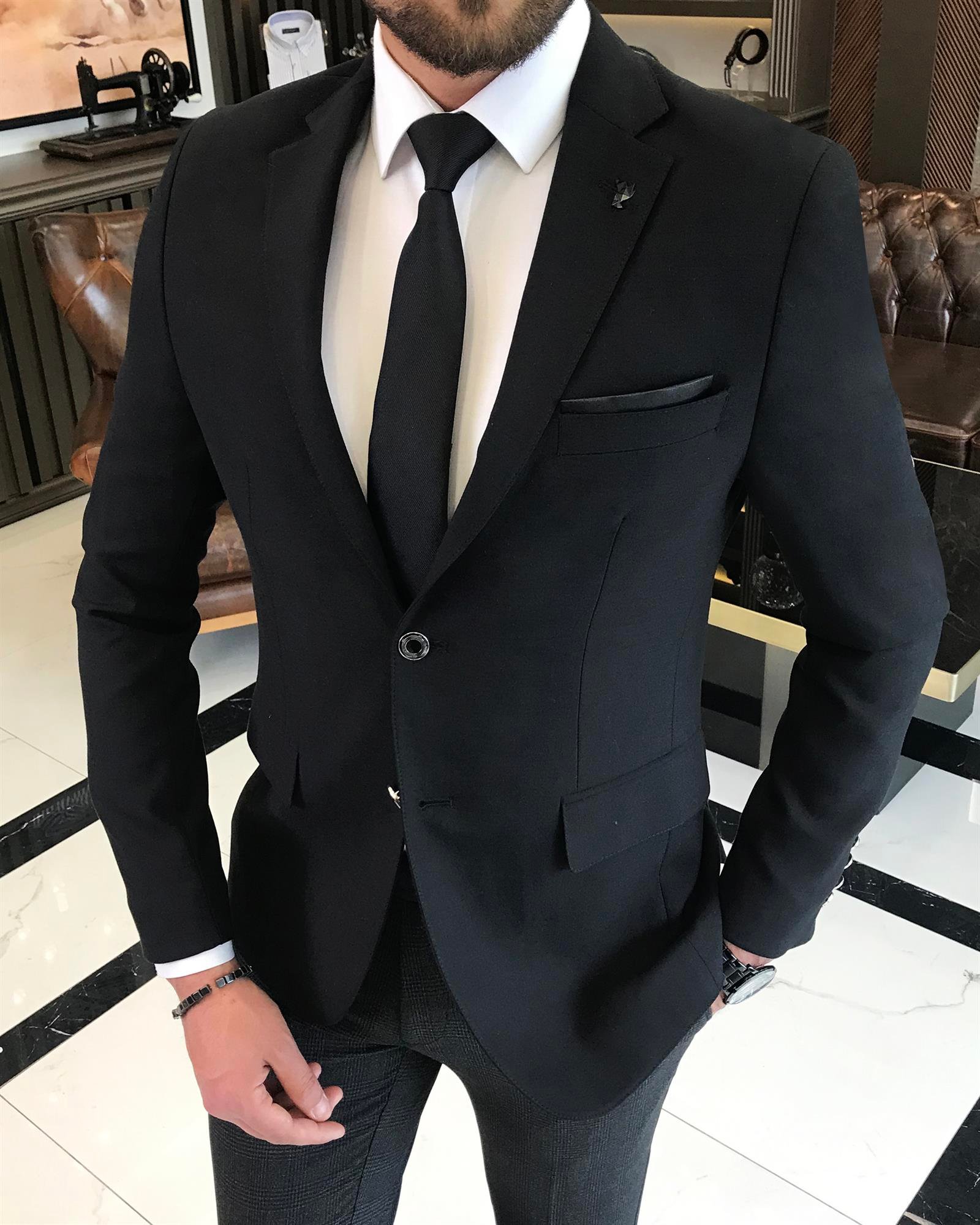 Italian style men's slim fit mono collar linen blended jacket black T9336